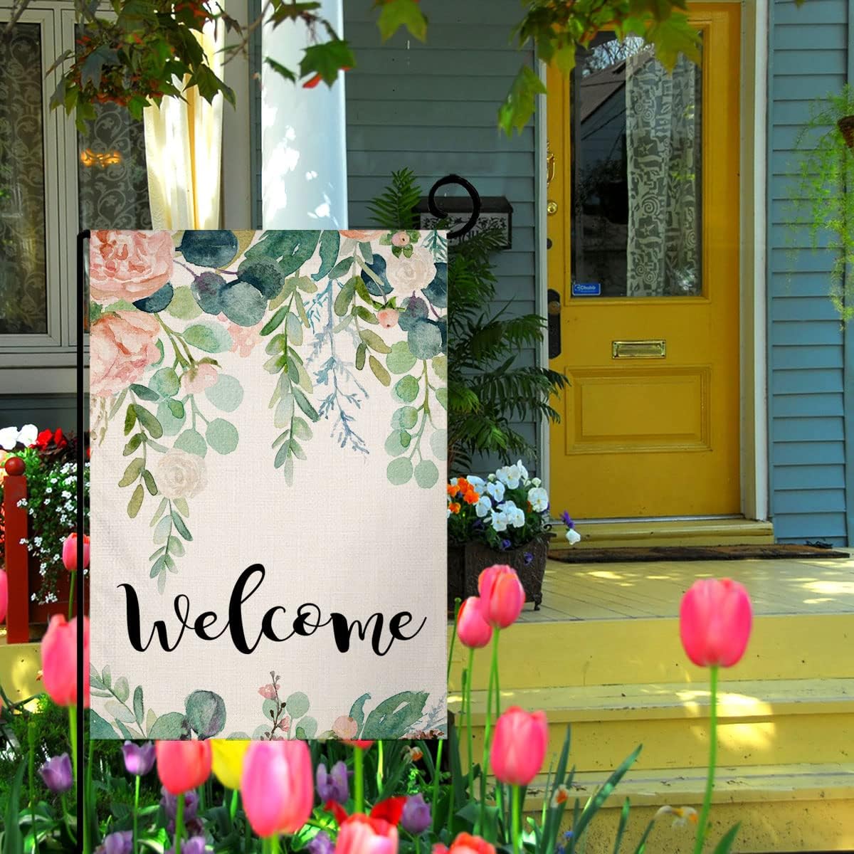 Spring Floral Welcome Garden Flag 12×18 Inch Small Vertical Double Sided Farmhouse Greenery Eucalyptus Leaves Burlap Yard Outdoor Decor