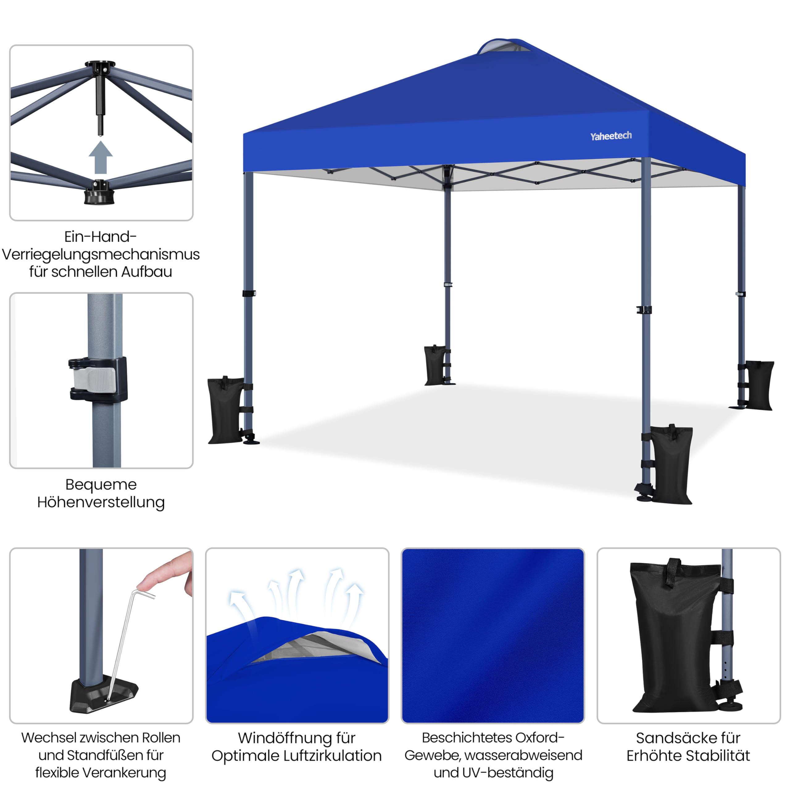 Yaheetech Faltpavillon 3x3m Pop Up Pavillon Wasserdicht Stabil Winterfest Gartenpavillon auf Rollen Gartenzelt Höhenverstellbar mit Tragtasche, Blau