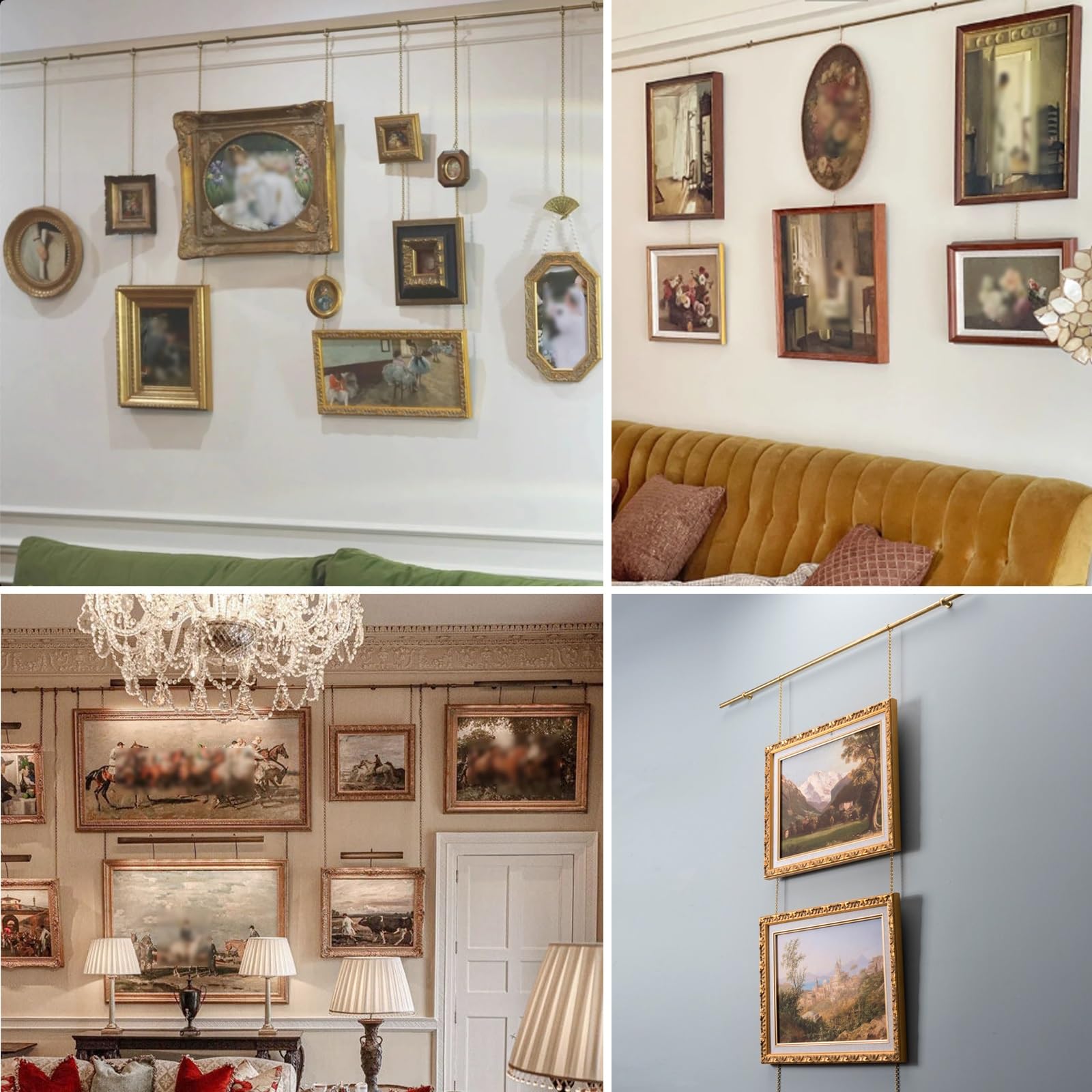 Messing Bilderschienen Aufhängesystem – Verstellbare Galerieschienen für Bilder mit Haken und Goldener Kette – Für Wandkunst, Bilderrahmen, Leinwand – Wohnzimmer, Büro, Galerie(100cm/39in)