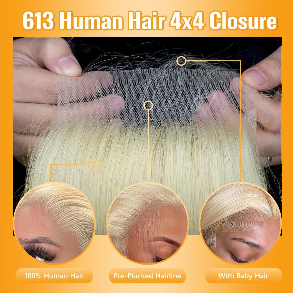 QTHAIR 18A #613 HD Lace Closure Russian Blonde #613 Human Hair Lace Frontal Closure 100% Platinum 613 Blonde Human Hair for Black Women (14", 613 4x4 Lace Closure, Honey Blonde Closure)