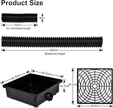 Square Catch Basin Drain Kit, 12×12inch(30.5×30.5cm) Low Profile Catch Basin Drainage Downspout Extension Kit with Flexible Pipe, No Deep Dig Needed, Pipe Stretched Length 250cm