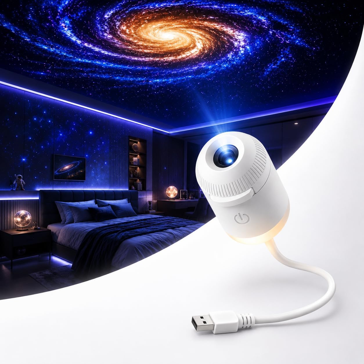 2-in-1 USB Galaxy Star Projector Night Light, 12 Slides, Touch Dimming