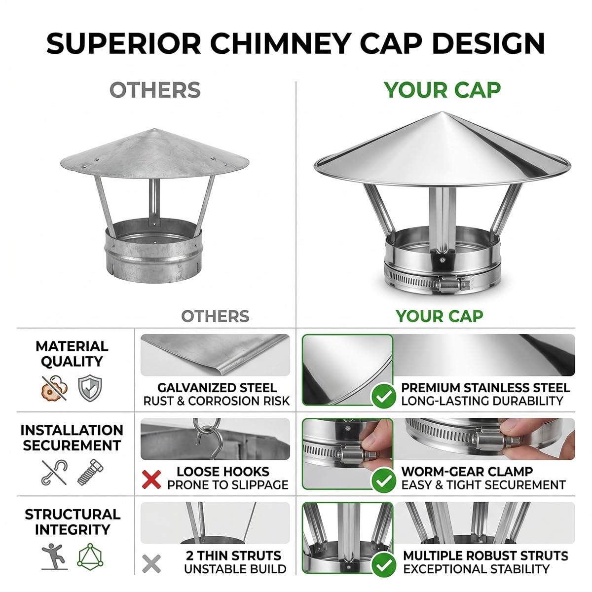 Sombrerete de Chimenea de Acero Inoxidable Tapa Regulable para Tubo Sombrero de Ventilación Techo Caperuza Antiviento Protector Escape Humos Exterior(130mm)