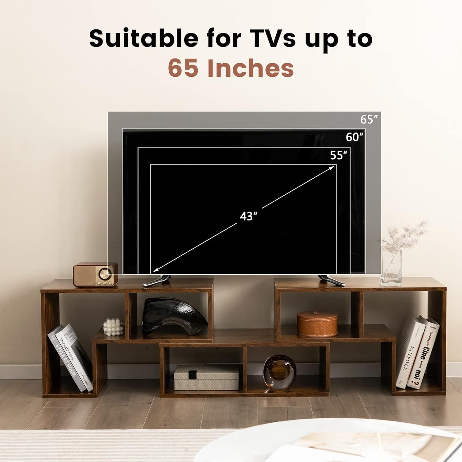 GIANTEX Mueble de TV Combinado Libre con Estantes Abiertos, para TV hasta 65 Pulgadas, Soporte de TV Multifuncional de Madera, para Salón, Dormitorio, 134-180x30x43 cm (Marrón, 3 Piezas)