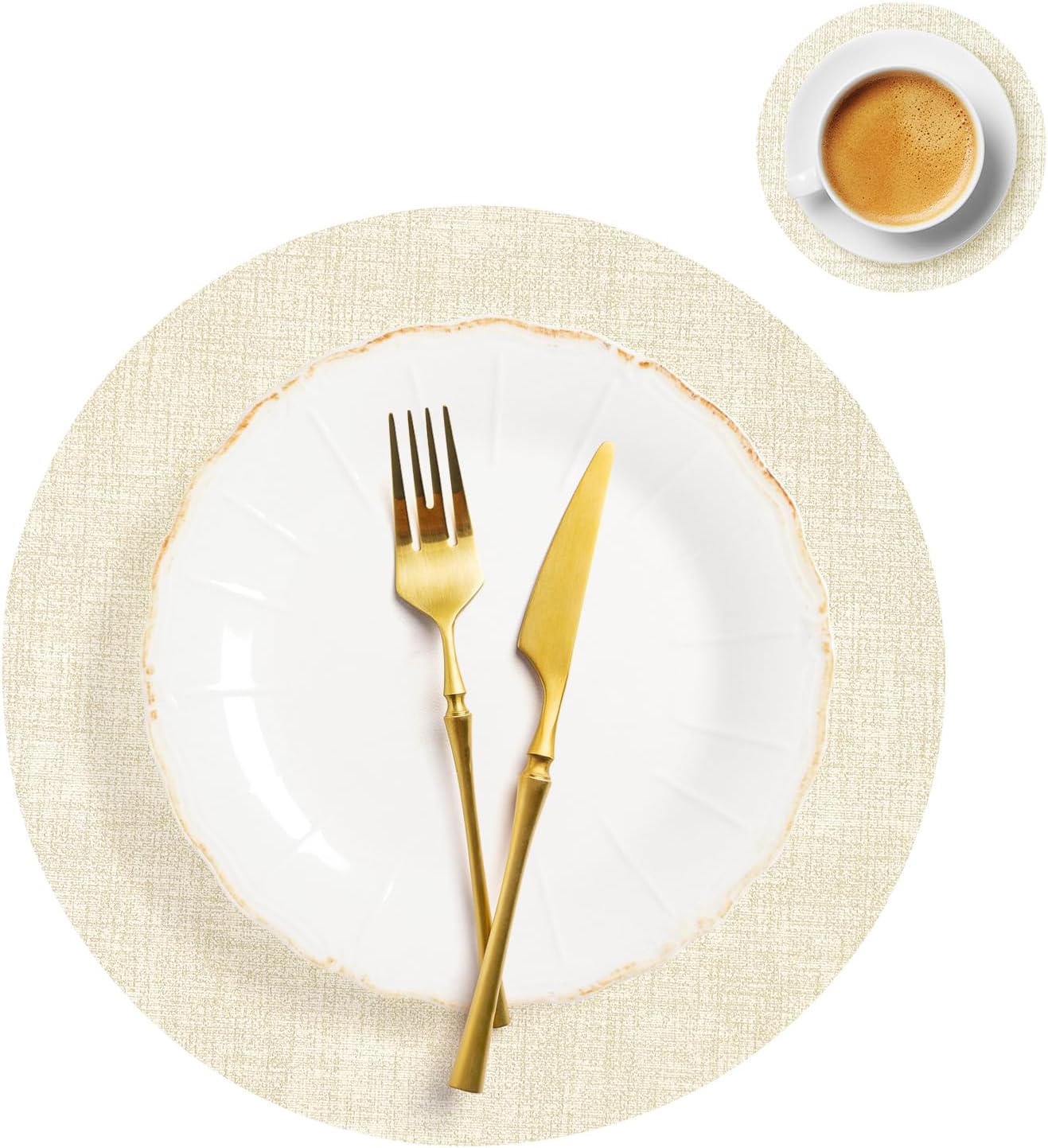 Round Placemats Set of 4, Faux Leather Placemats and Coasters, Heat Resistant Table Mats Waterproof Oilproof Wipeable Place Mats, PU Dinning Table Placemats for Indoor & Outdoor Use(Light Grey)