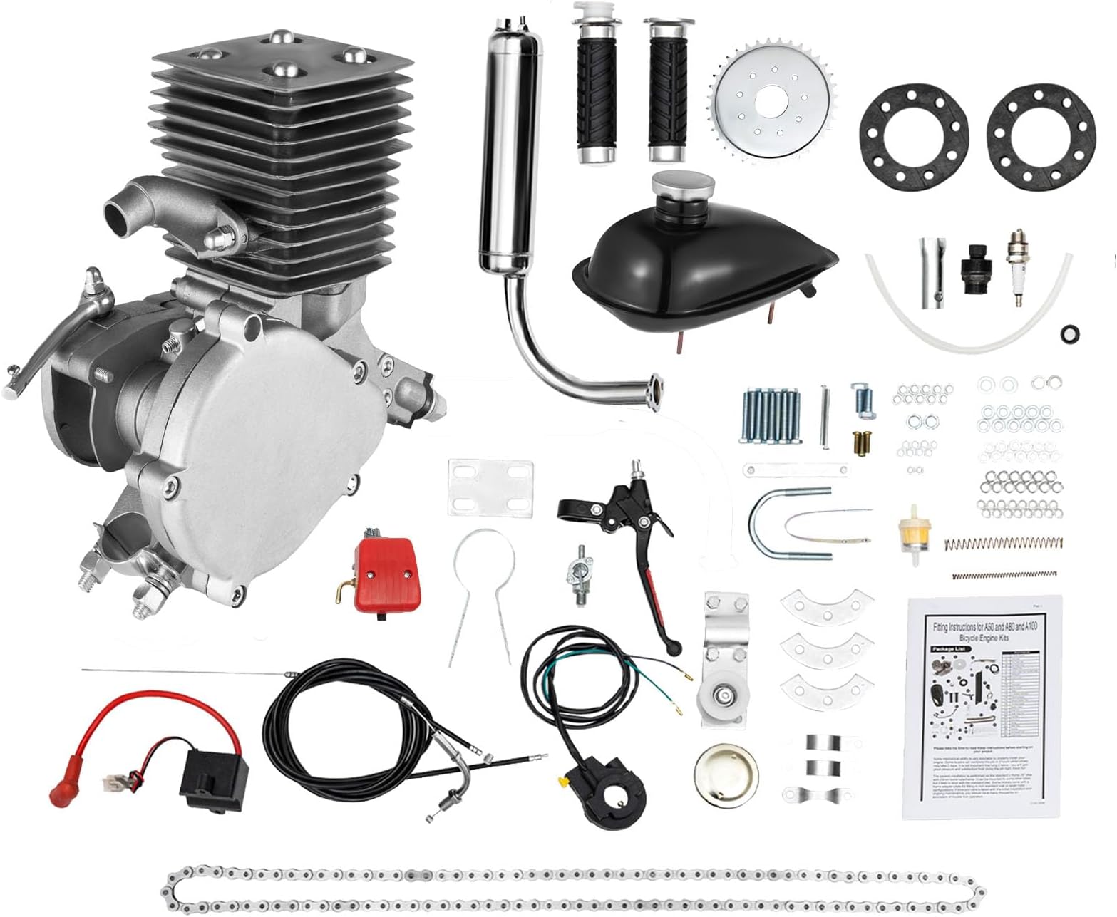 100CC 2-Stroke Bicycle Engine Kit Fits 26" 28" Bikes, Single Cylinder Air-cooled Petrol Gas Engine Bicycle Bike Motor Kit Bike Conversion Full Set Motorized Bicycle Push Bike