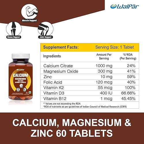 Miniatura 5 de WALPAR - Suplemento de citrato de calcio de 1300 mg con magnesio zinc vitamina D3 K2 D B12 B Complejo ideal para apoyo óseo y muscular y salud de