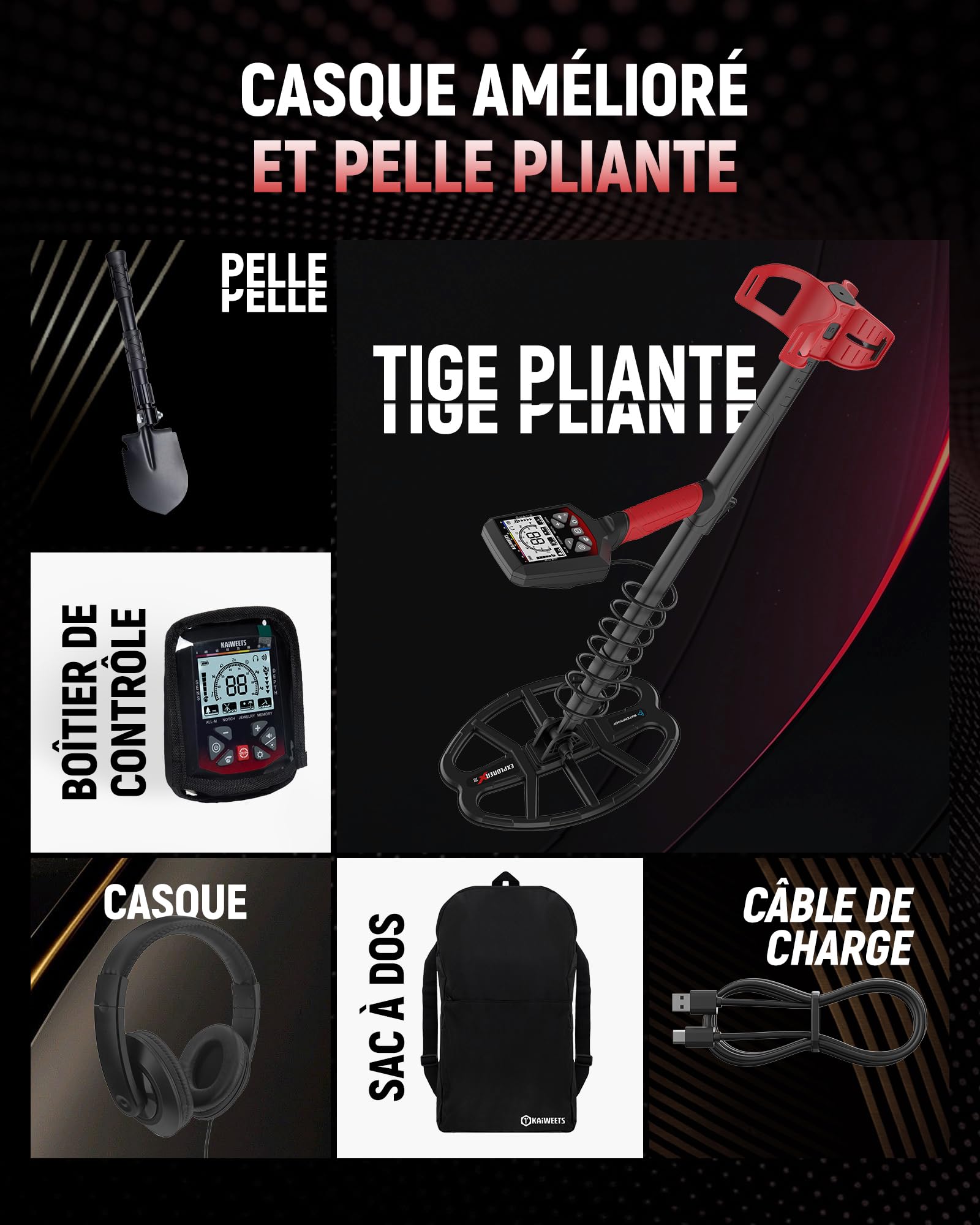 KAIWEETS Détecteur de métaux professionnel avec batterie, bobine double D étanche jusqu'à 30 cm de profondeur, 5 modes, puce DSP, LCD HD avec rétroéclairage, kit de détecteur de métaux