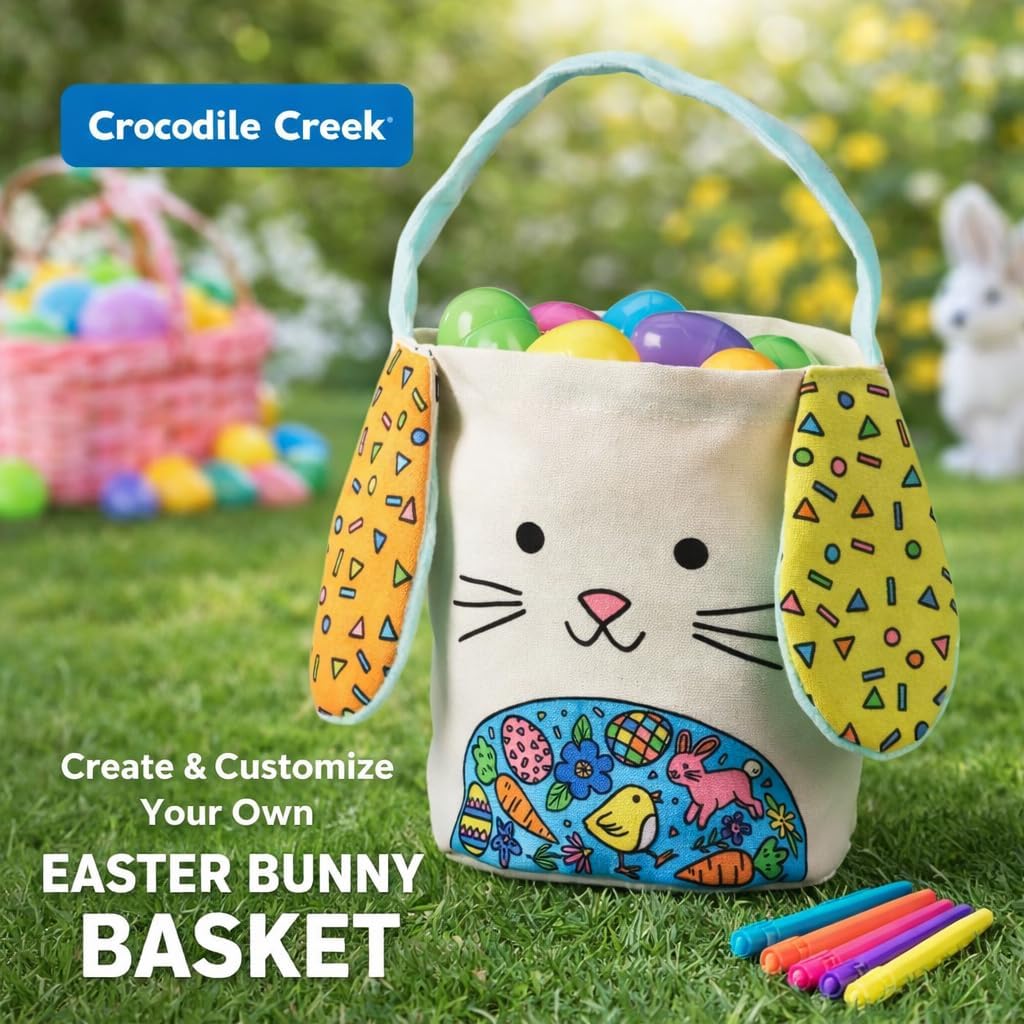 Crocodile Creek Color Your Own Easter Bunny Basket Craft Kit – Cotton Easter Basket with 6 Fabric Markers for Kids Ages 6+ – DIY Easter Activity for Easter Egg Hunt