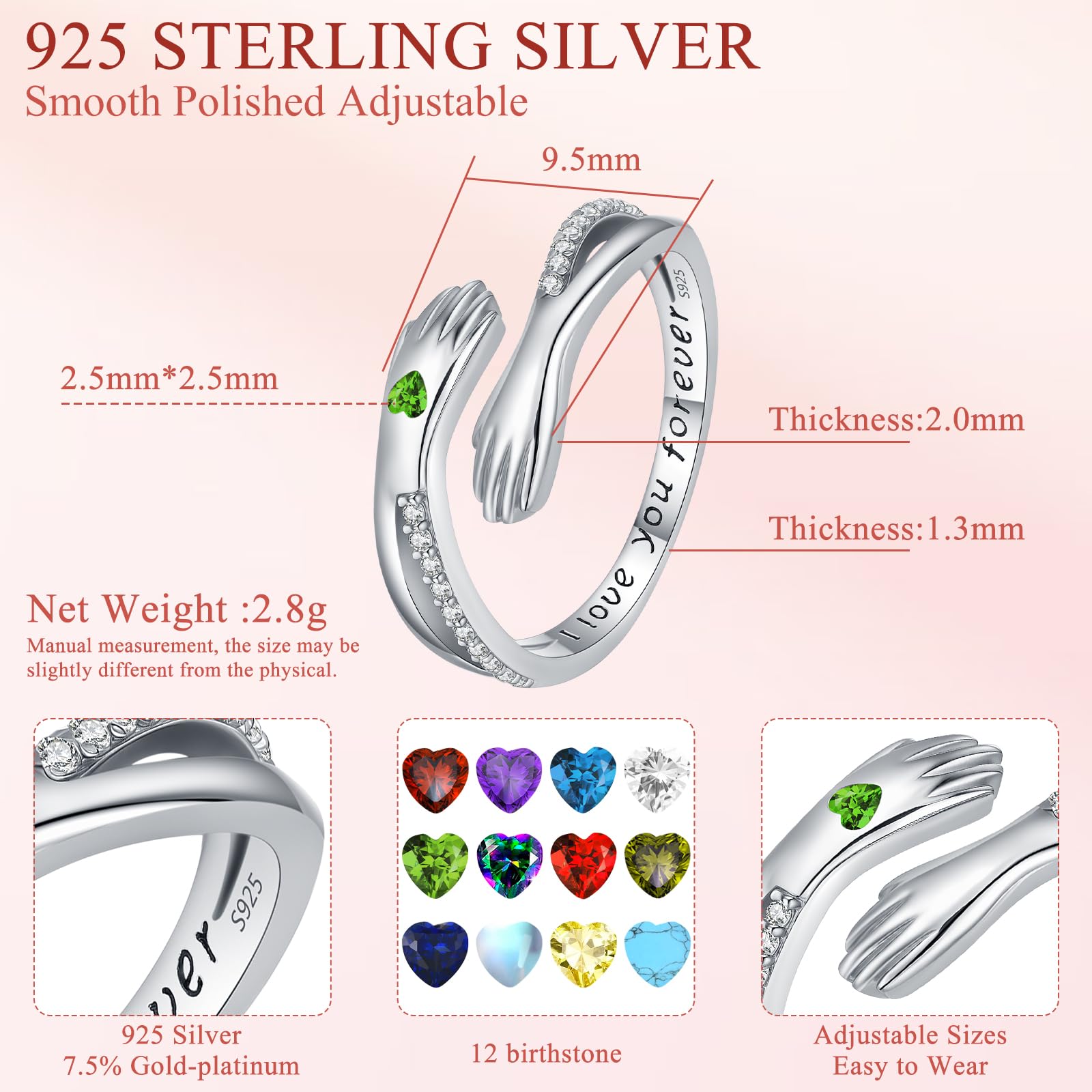 Anillo de Abrazo, Anillo de plata de ley 925 para mujer, Anillos Piedra de Nacimiento y Anillas Ajustables, Anillos partido Regalos de Joyería para madres, amantes y niñas
