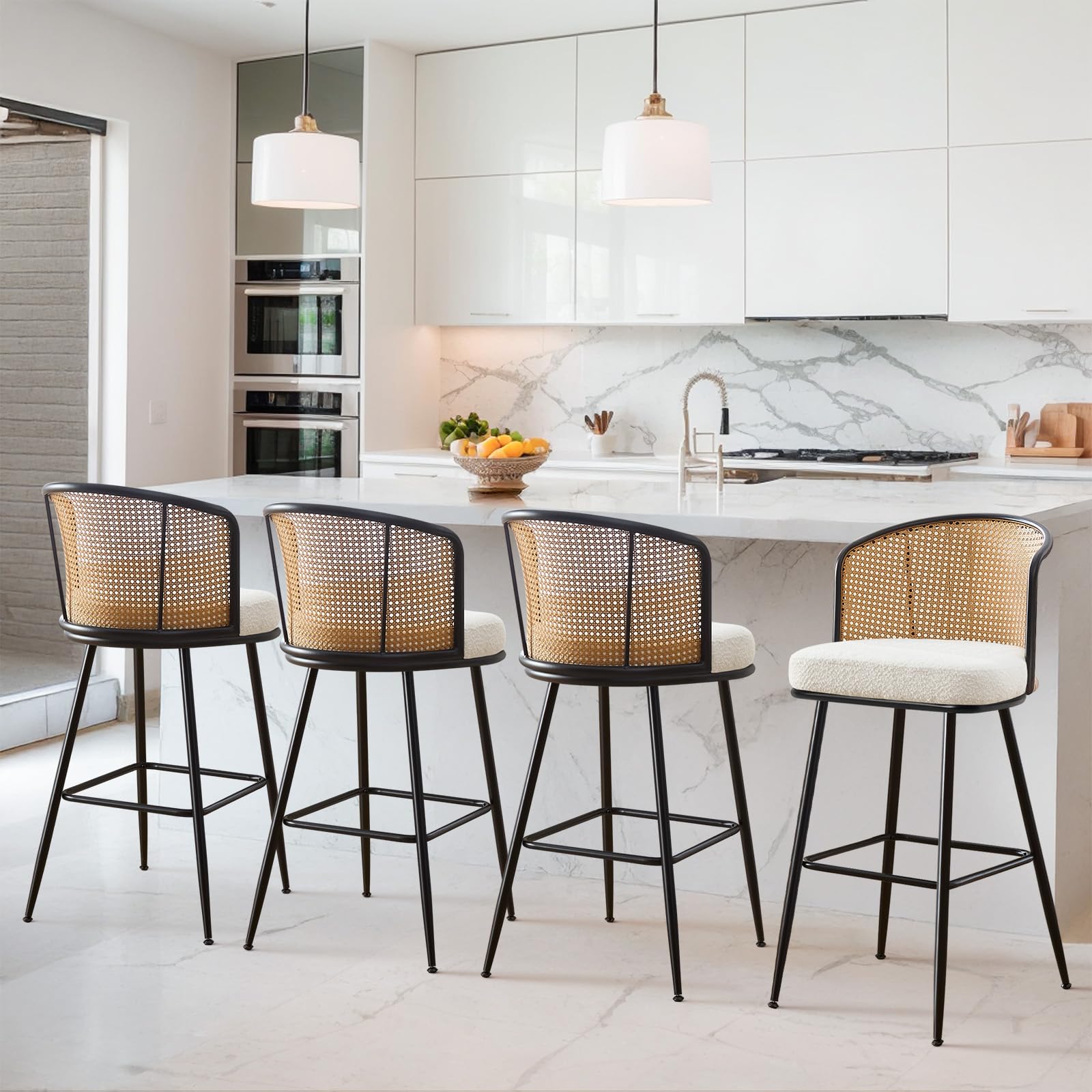 WOOW DEPOT Rattan Bar Stools Set of 4, 26 Inch Boucle Upholstered Barstools, Counter Height Bar Stools with Cane Back, Modern Farmhouse Counter Stool