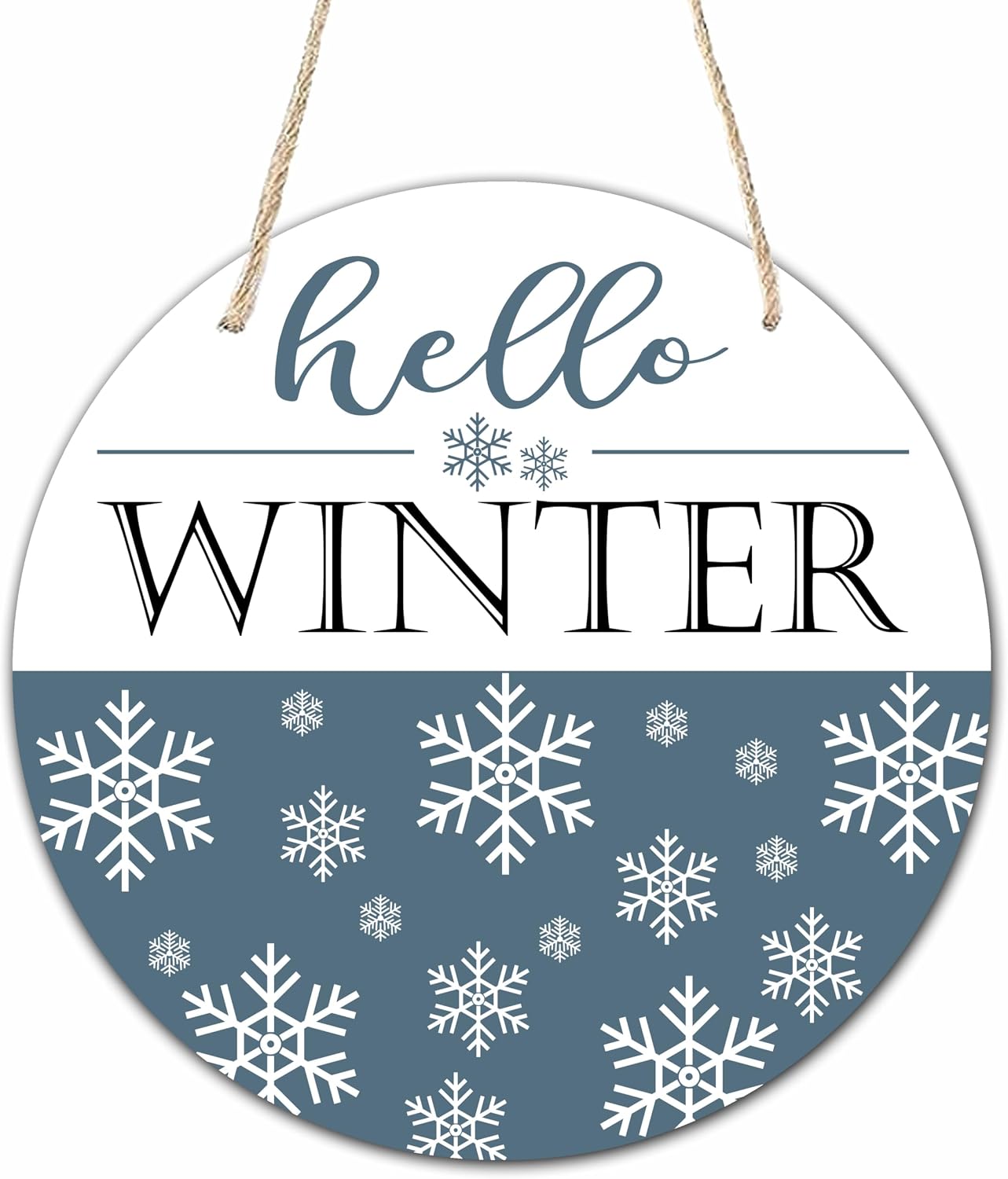 WeMaison 10" Hello Winter Welcome Wooden Sign with Rope - Round Hanging Plaque for Front Door, Porch, Farmhouse Home Decor (Snow Design)