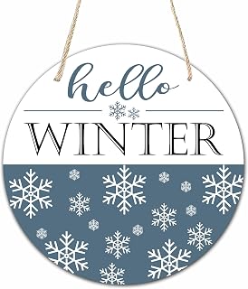 WeMaison 10" Hello Winter Welcome Wooden Sign with Rope - Round Hanging Plaque for Front Door, Porch, Farmhouse Home Decor (Snow Design)