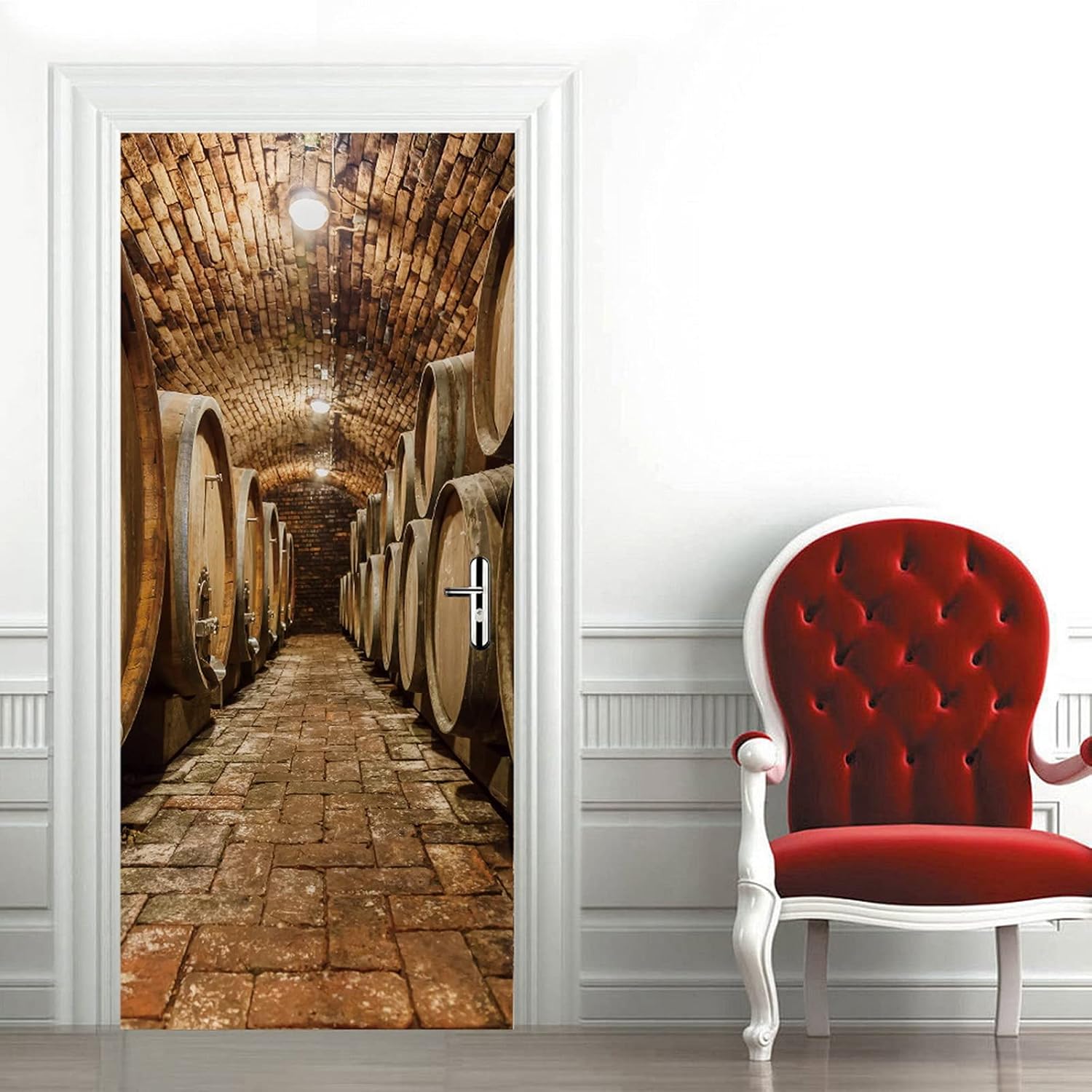A.Monamour 3D Door Stickers for Interior Doors Rows of Oak Barrels in Underground Wine Cellar Vinyl Waterproof Self Adhesive Door Mural Decals for Bedroom Office Bathroom 95 x 215 cm