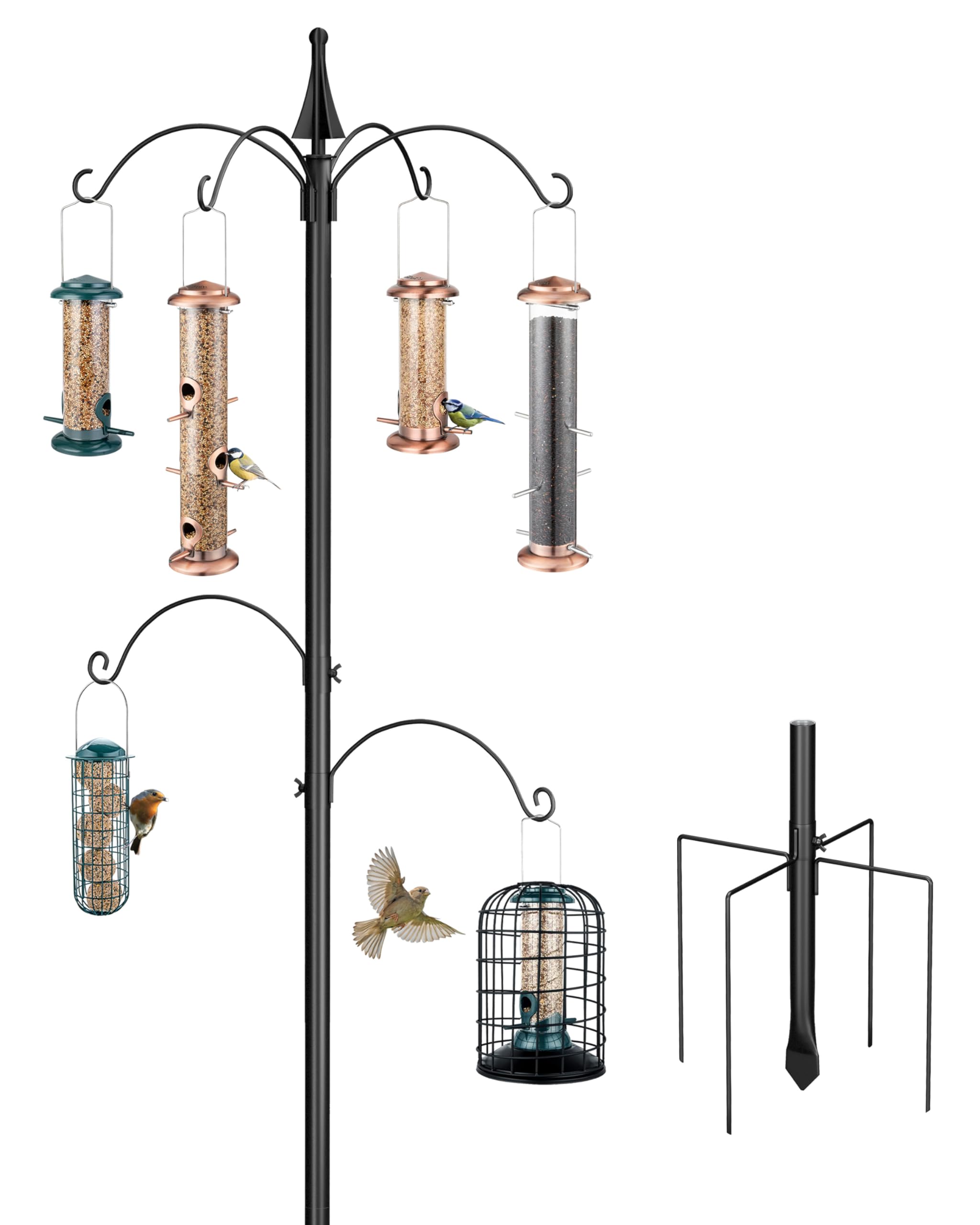 iBorn 1“ Thickness Shepherds Hooks for Outdoor Bird Feeder Pole 78" Height Wild Bird Feeder Stand for Hummingbird Feeder, 4 Fixed & 2 Adjustable Hooks,5 Base Prongs (Feeders NOT Included)