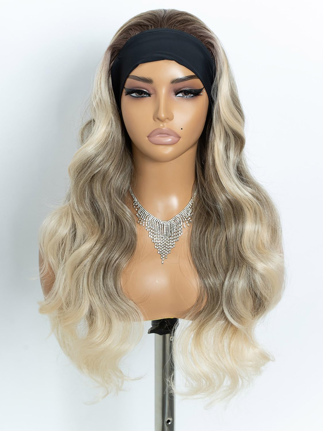 Joedir Long Body Wave Headband Wig Wear To Go Synthetic Wig for Women Natural Looking Glueless Wig for Daily Wear Ombre Blonde
