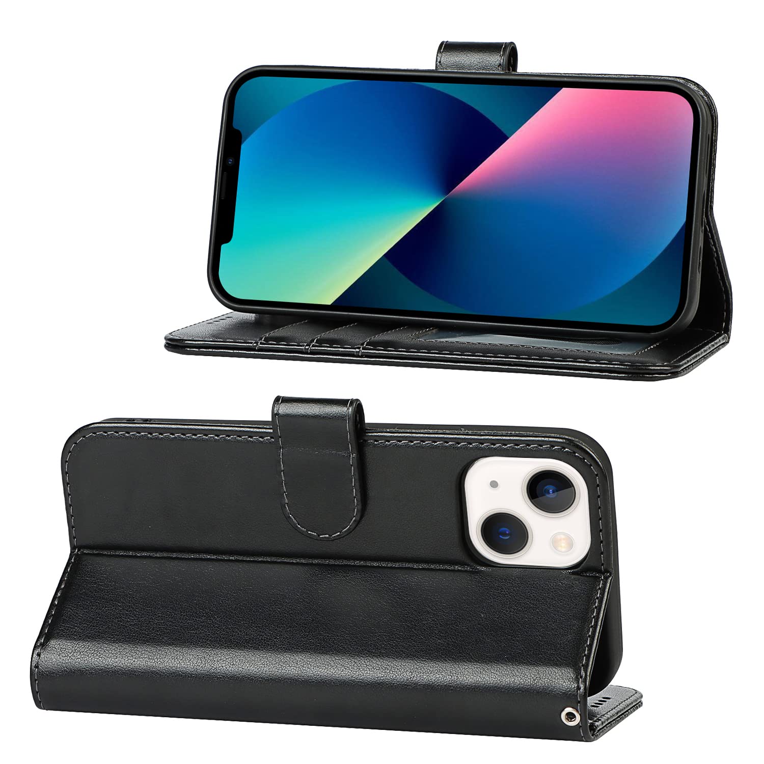 Custodia In Pelle Per IPhone 13 Mini Con Chiusura Magnetica, Portafoglio Con 2 Slot Per Carte E Scomparto Contanti, Antiurto E Funzione Leggio, Copertina A Libro Nera - 5
