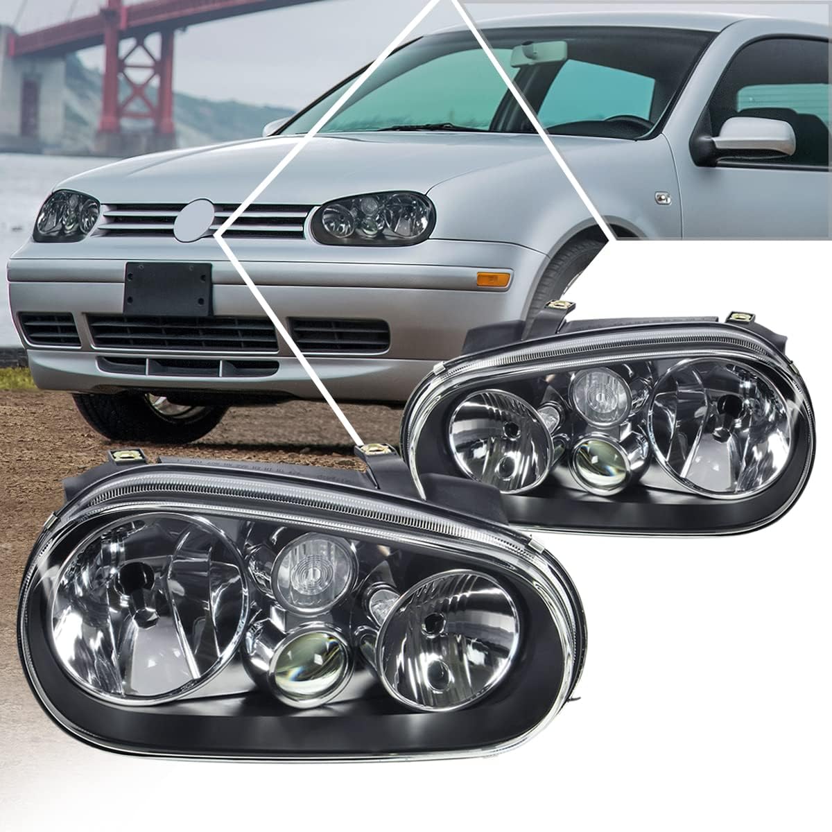 PM PERFORMOTOR 2Pcs Headlights Assembly w/Projector Fog Lamp Compatible with 99-06 VW Golf Cabrio,Chrome Housing