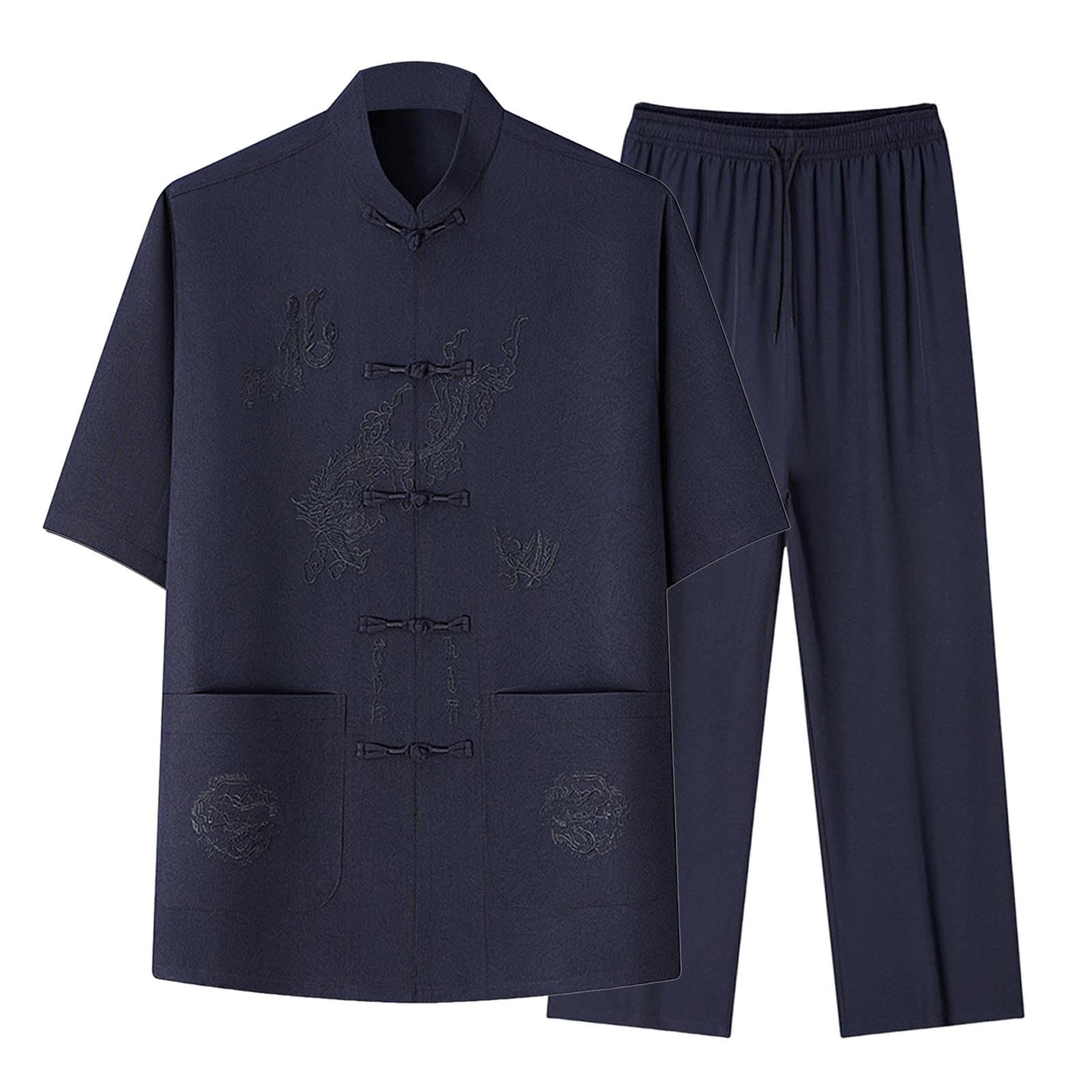 CambkatlMen's Dragon Embroidered Tang Suit Chinese Traditional Mandarin Collar Kung Fu Shirts Short Sleeve Tai Chi Outfits