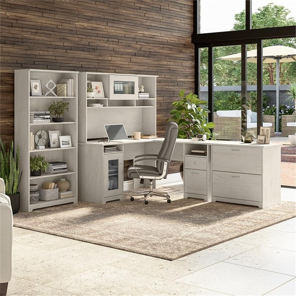 Pemberly Row 60W L-Shaped Desk with Hutch, Linen White Oak, Storage Cabinet, File Drawers, Adjustable Shelves, Fluted Glass Door, Bookcase, Home Office Furniture Set for Work and Organization