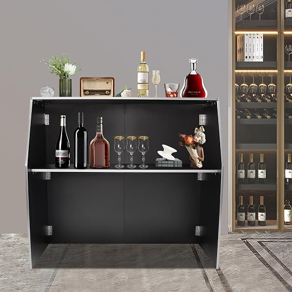 Foldable Bar Portable Bar Station Mobile Bartending Station with Top and Middle Shelves, Folding Portable Event Bar Bartender Table Cabinet Station for Parties and Events (Black and White)