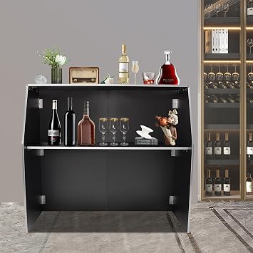 Foldable Bar Portable Bar Station Mobile Bartending Station with Top and Middle Shelves, Folding Portable Event Bar Bartender Table Cabinet Station for Parties and Events (Black and White)