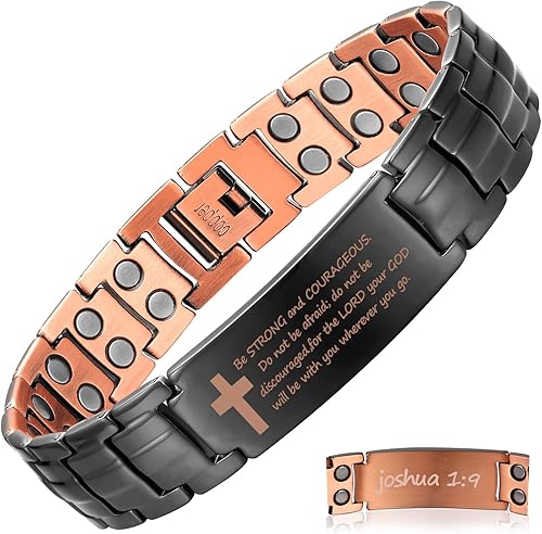 MagEnergy Pulsera de cobre para hombre, pulsera magnética cristiana con imanes ultra fuertes, diseño de cruz bíblica ajustable, regalo de joyería