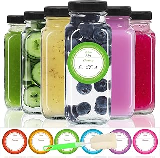 STARSIDE 8 oz Glass Juice Bottles with Lids 6 Pack - Square Reusable Drinking Jars for Juicing, Milk, Kombucha - Includes 1 Bottle Brush, 6 Colored Labels