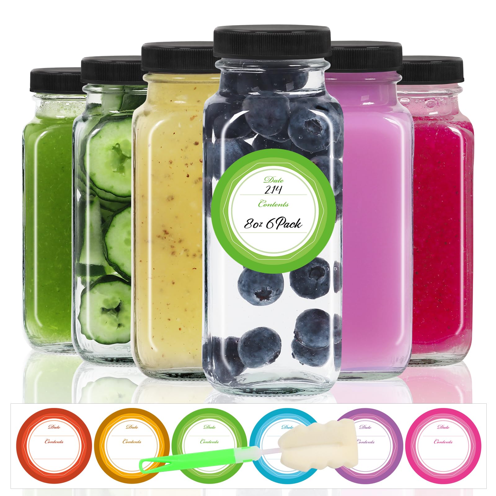 STARSIDE 6 Pack 8 oz Glass Juice Bottles with Lids, Clear, BPA-Free, Leak Proof, Reusable, 5.5" H x 2.1" D, Juices, Workouts, Smoothies, School