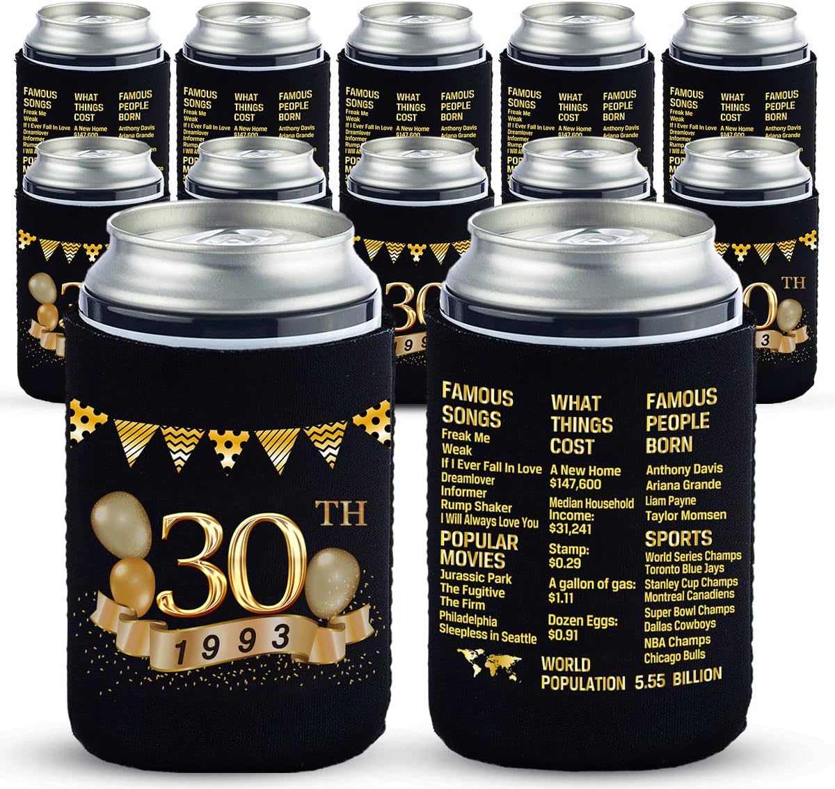 Yangmics 30th Birthday Can Cooler Sleeves Pack of 12- 1993 Sign -30th Anniversary Decorations - Dirty 30th Birthday Party Supplies - Black and Gold Thirtieth Birthday Cup Coolers