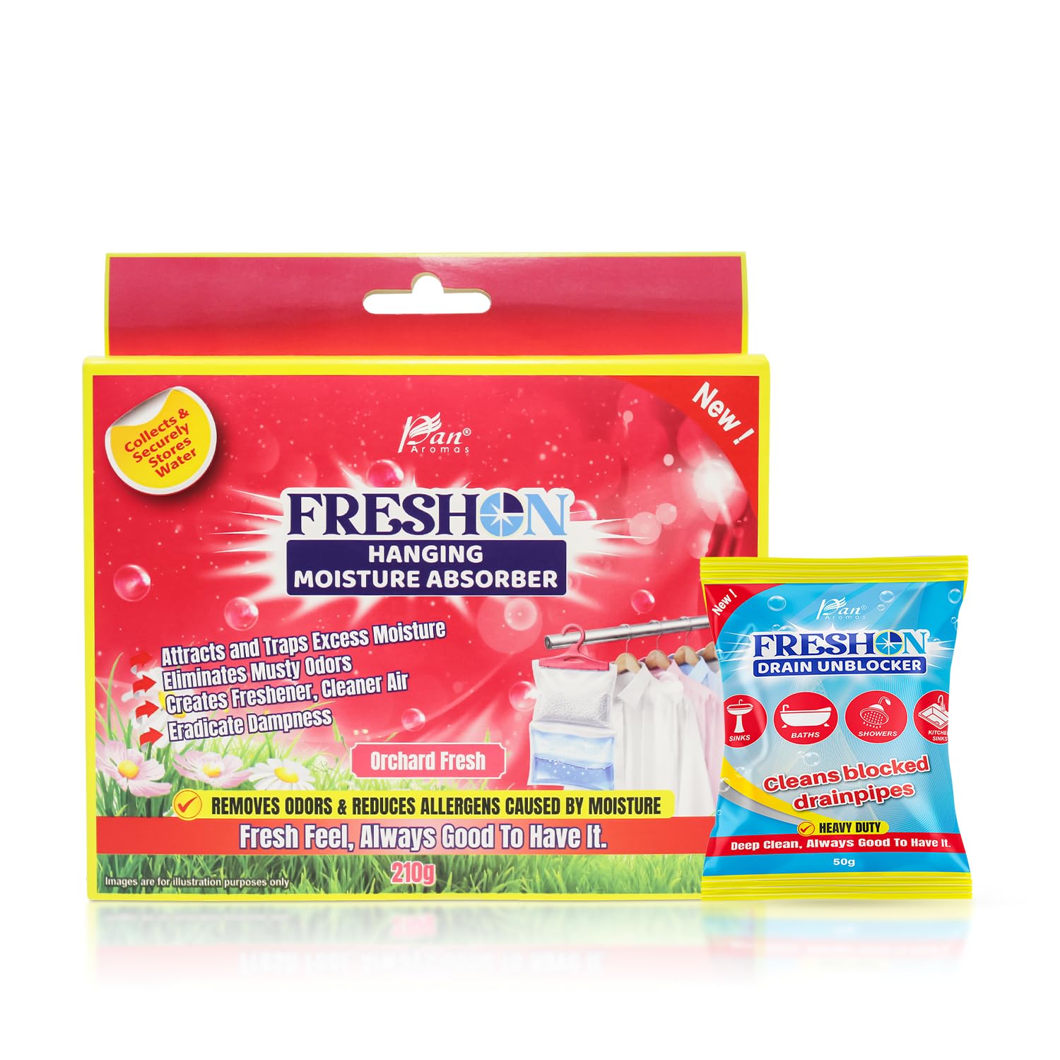 FRESHON by Pan Aromas (Orchard Fresh) Hanging Moisture Absorber (210g)| Odour Eliminator| Includes Complimentary Drain Unblocker Sachet| Dehumidifier for Closets, Bathrooms, Laundry Rooms & Pantries-image-16