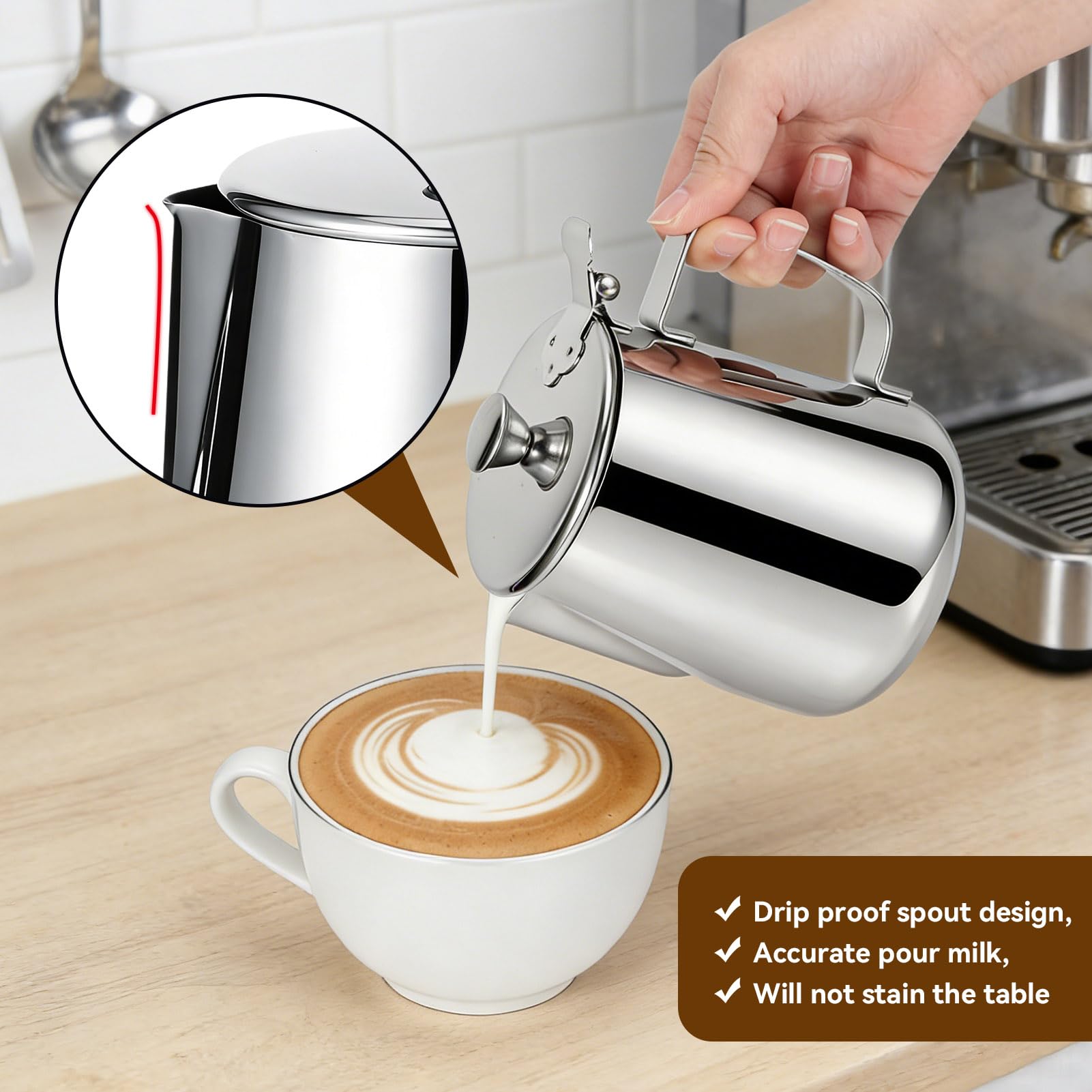 Brocca per latte con coperchio, brocca per montalatte da 600 ml/1000 ml brocca per latte in acciaio inossidabile tazza brocca per schiuma di latte con manico per caffè latte Art (600 ml)