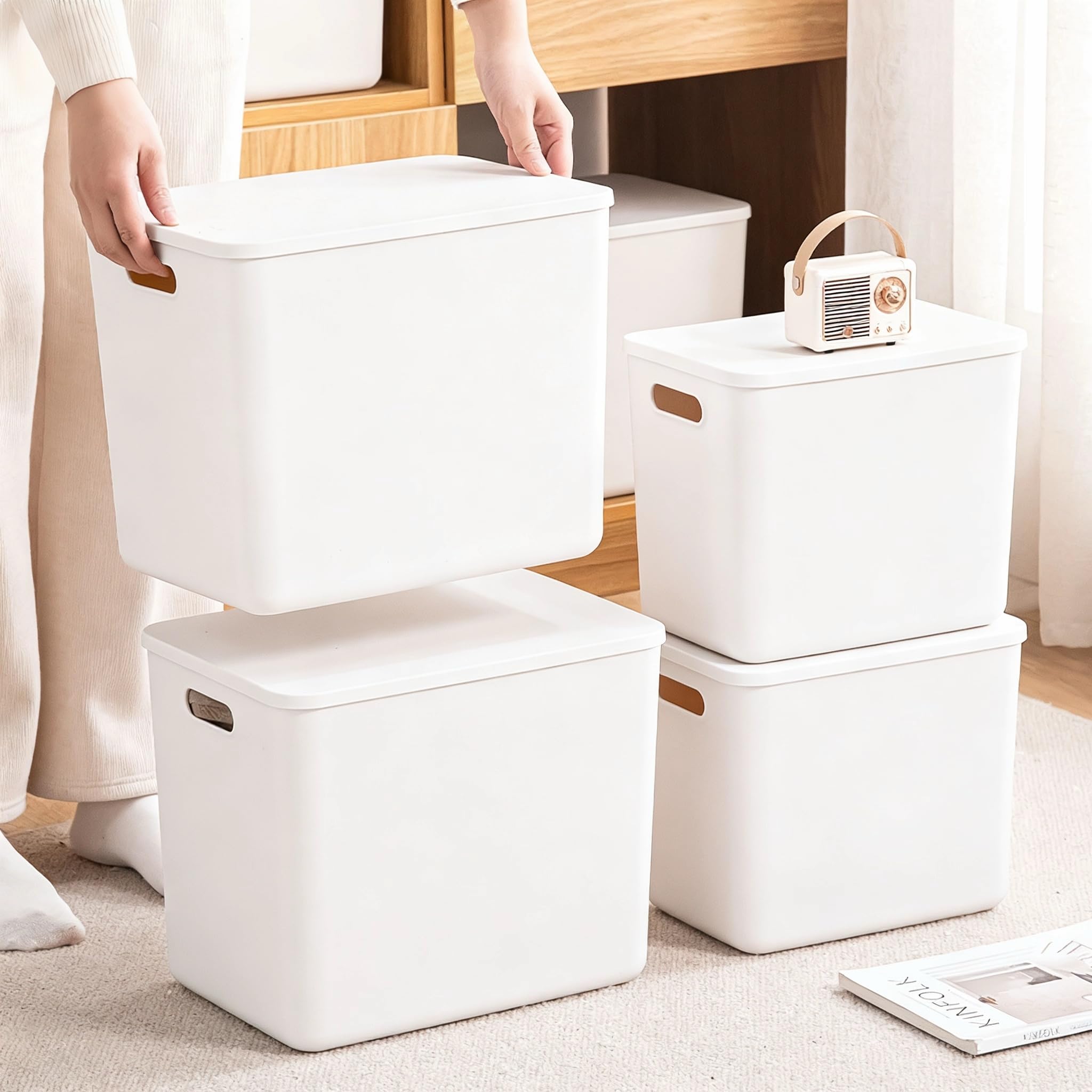 12L+25L 6 Pack große Kunststoff Weiße Aufbewahrungsbehälter Körbe, Toy Box Chest mit Deckel und Griff,Organizer Container für Kids,Nursery,Shelves,Playroom, Bedroom,Office,Closet,home(4XL+2L)