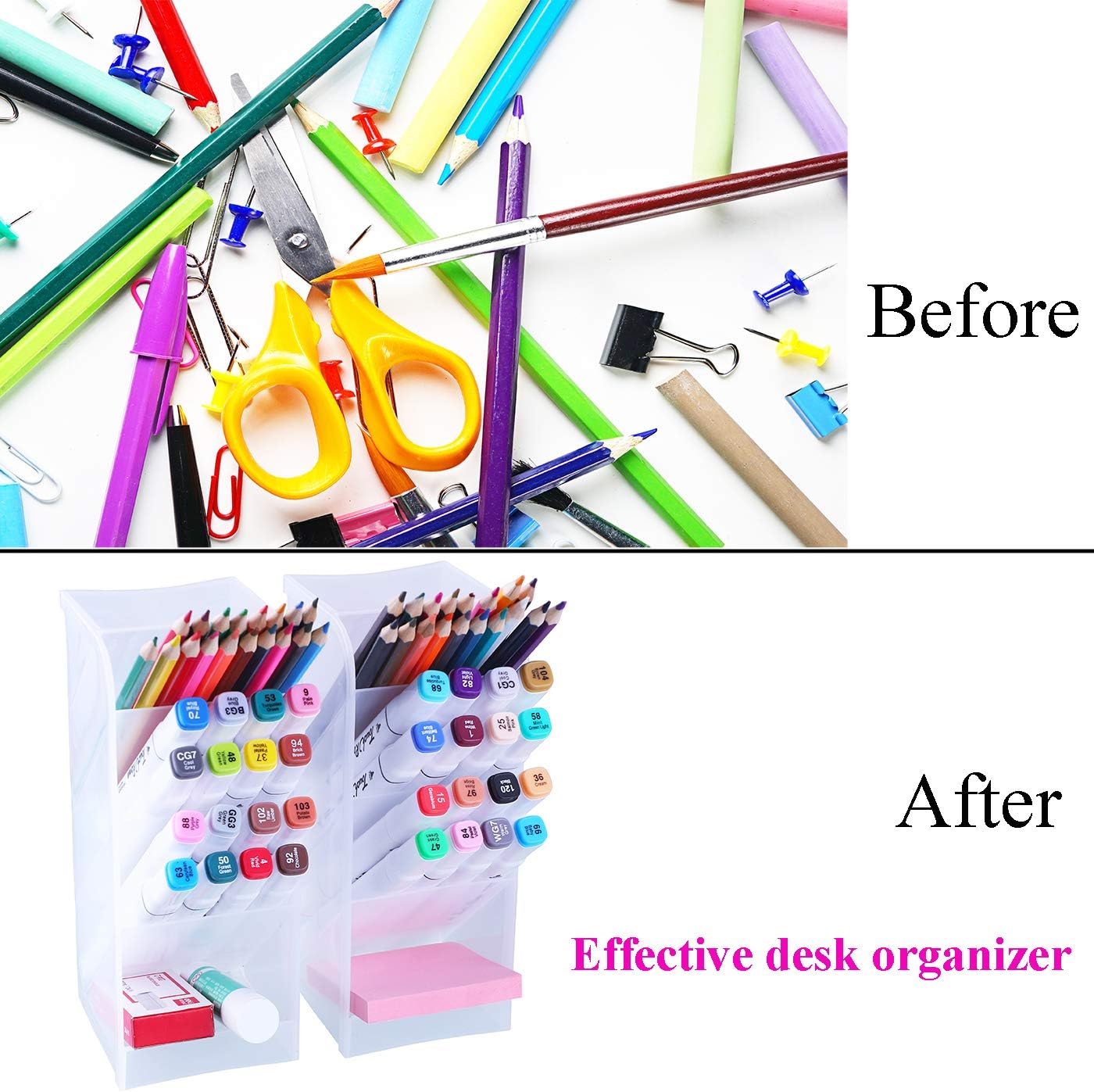 Antner 2pcs Desk Organizer High Capacity Pen Holder Desktop Storage Makeup Brushes Caddy for Office School Home Supplies, Translucent White Big Pen Holder