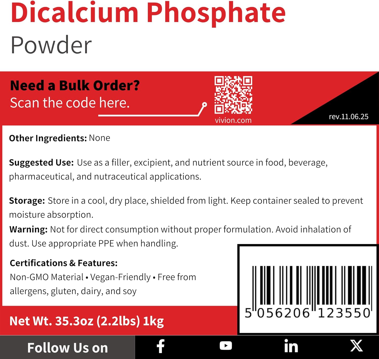 Dicalcium Phosphate Anhydrous Powder - 1 kg (2.2 lb) - DCPA FG Bulking Agent - FCC USP - Mineral for Food & Industry - Leavening Agent & Dough Conditioner