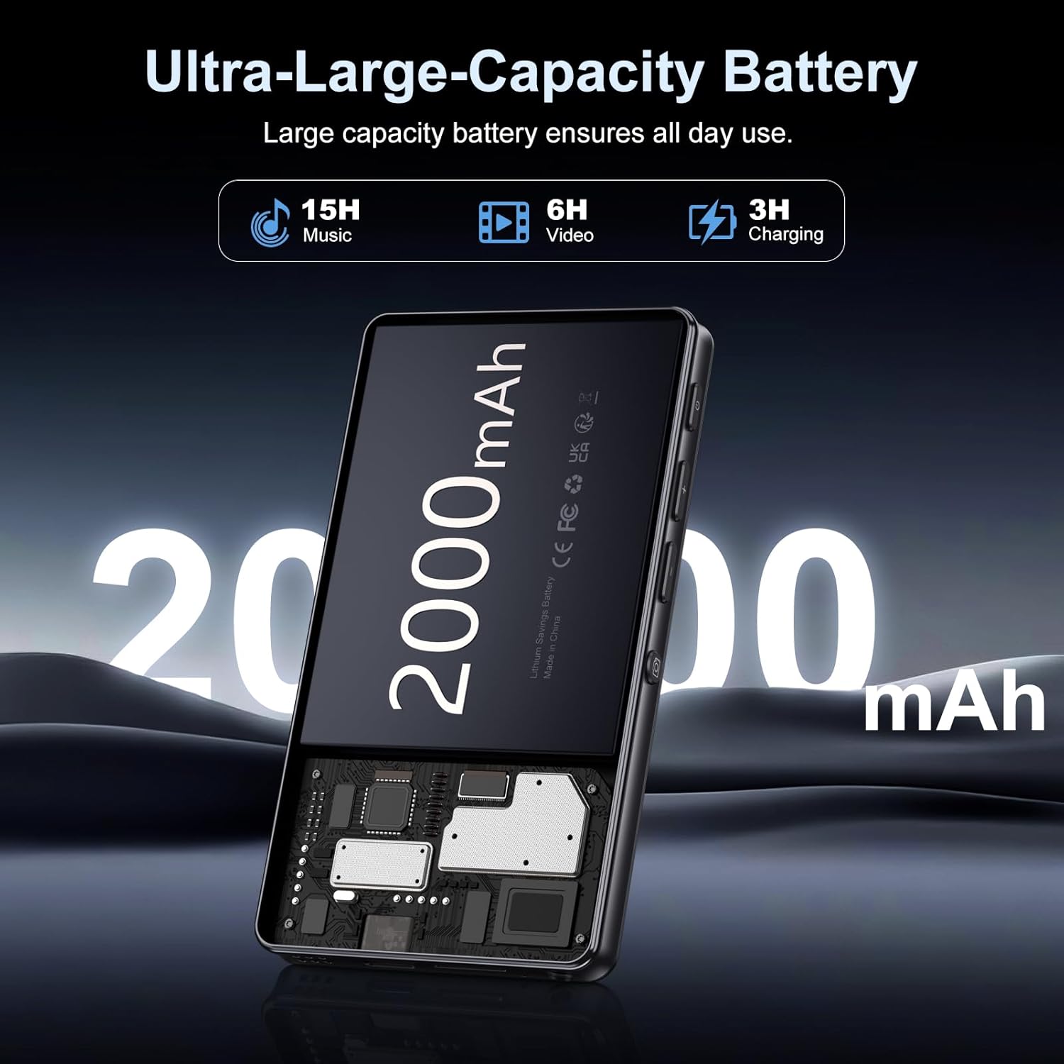 Oilsky M305 MP3 Player highlighting its 2000mAh battery capacity and estimated usage times for music and video.