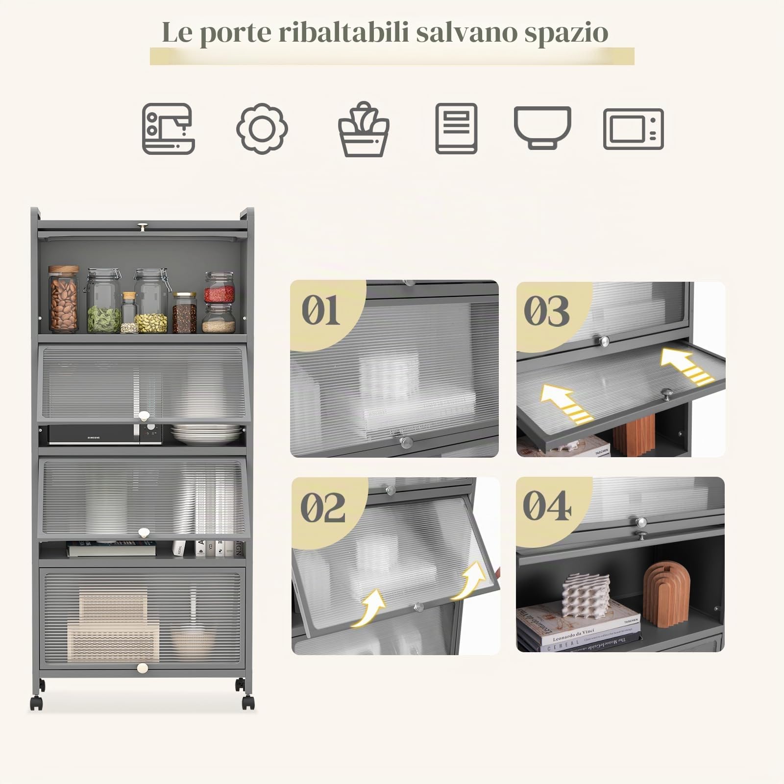 KOMFOTTEU Mobile Dispensa Cucina a 5 Livelli, Mensola Microonde con Anta a Vista, Ruote, Dispositivo Antiribaltamento, Scaffale da Cucina in Ferro per Soggiorno, Sala da Pranzo, 60x32x154cm (Grigio)