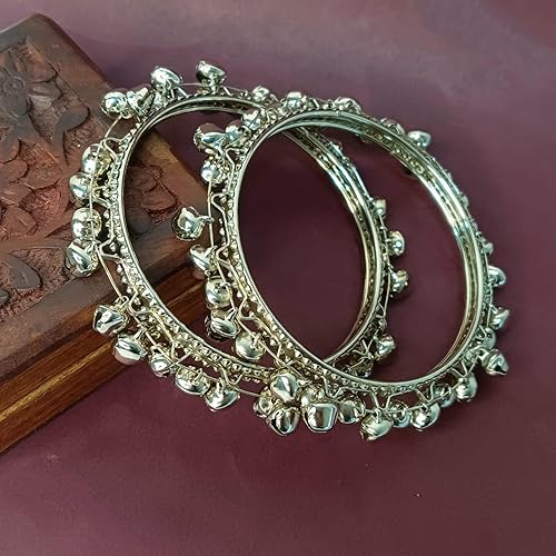 Miniatura 2 de Efulgenz Joyería india oxidada, para Navratri, estilo bohemio, antiguo, gitano, tribal, indio, oxidado, plateado, con dije de campana, conjunto de