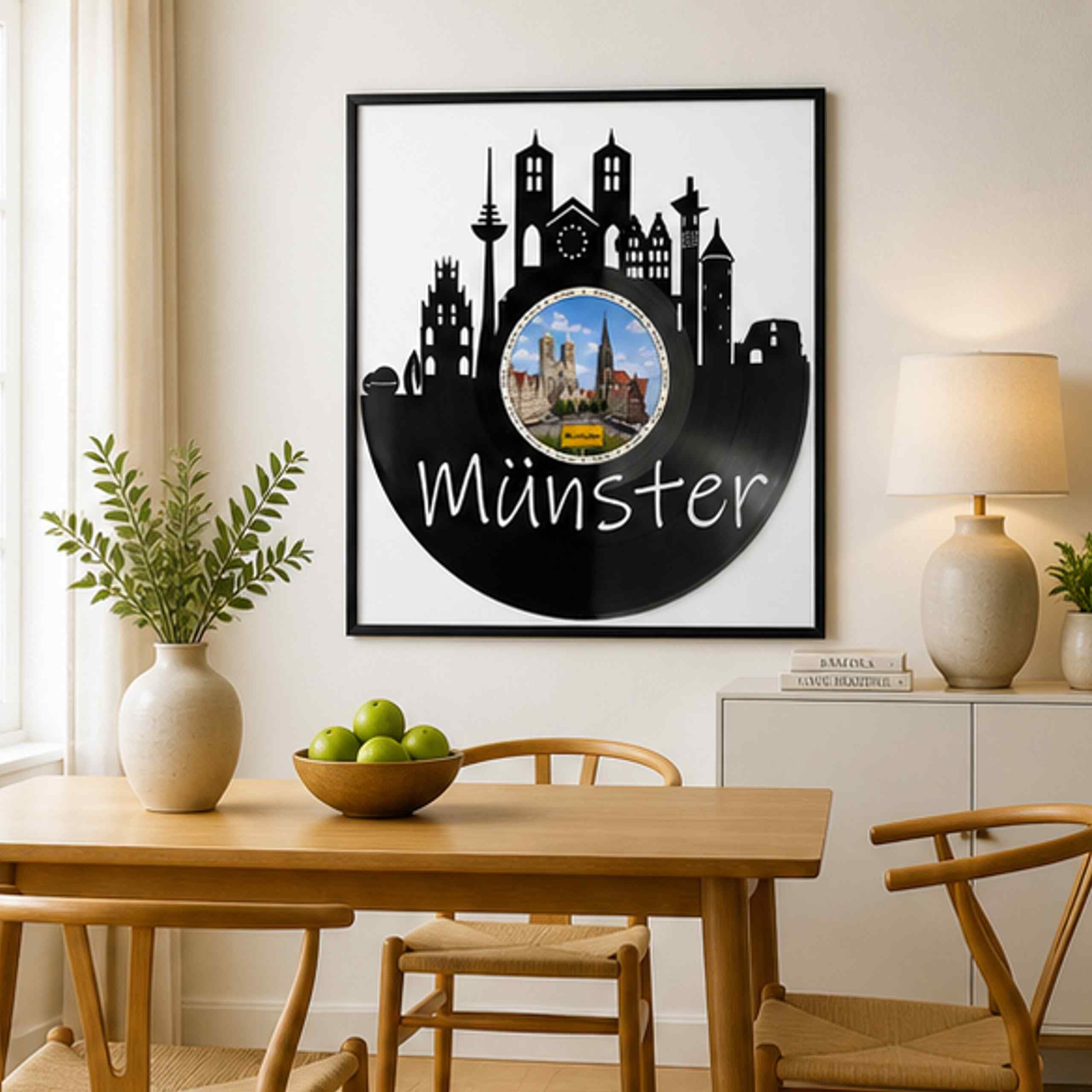 EVEVO Münster, decorazione da parete in vinile, con cornice, 32 x 32 cm, motivo: città di biciclette, regalo per gli amanti della Westfalia