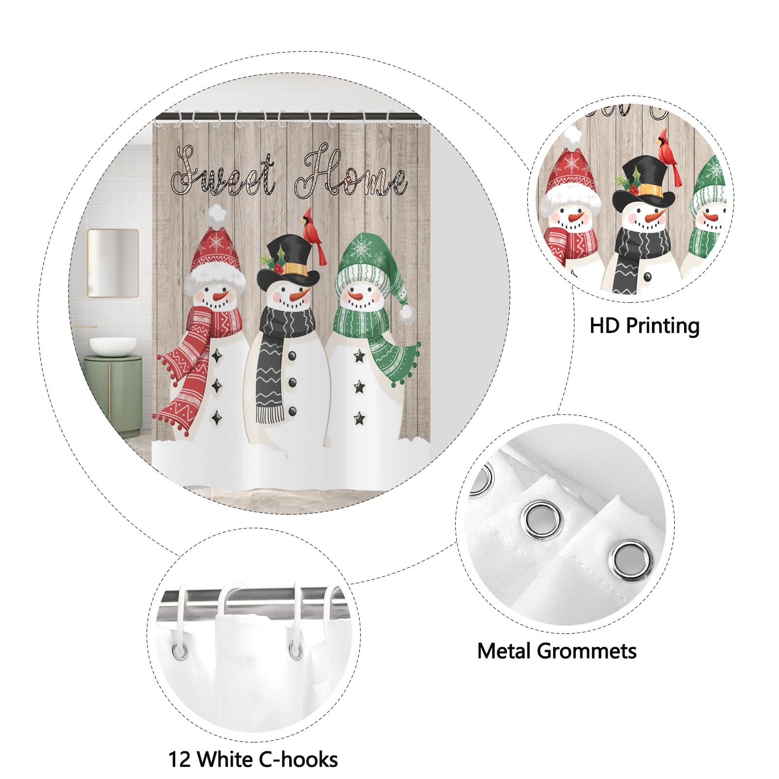 Bonhause Tenda Doccia Inverno Natale Renna Foresta Pino Nevoso Cascinale Cardinale Tende Per Doccia In Poliestere Impermeabile Antimuffa Lavabile Tende Bagno 180 X 180 Cm Con 12 Ganci