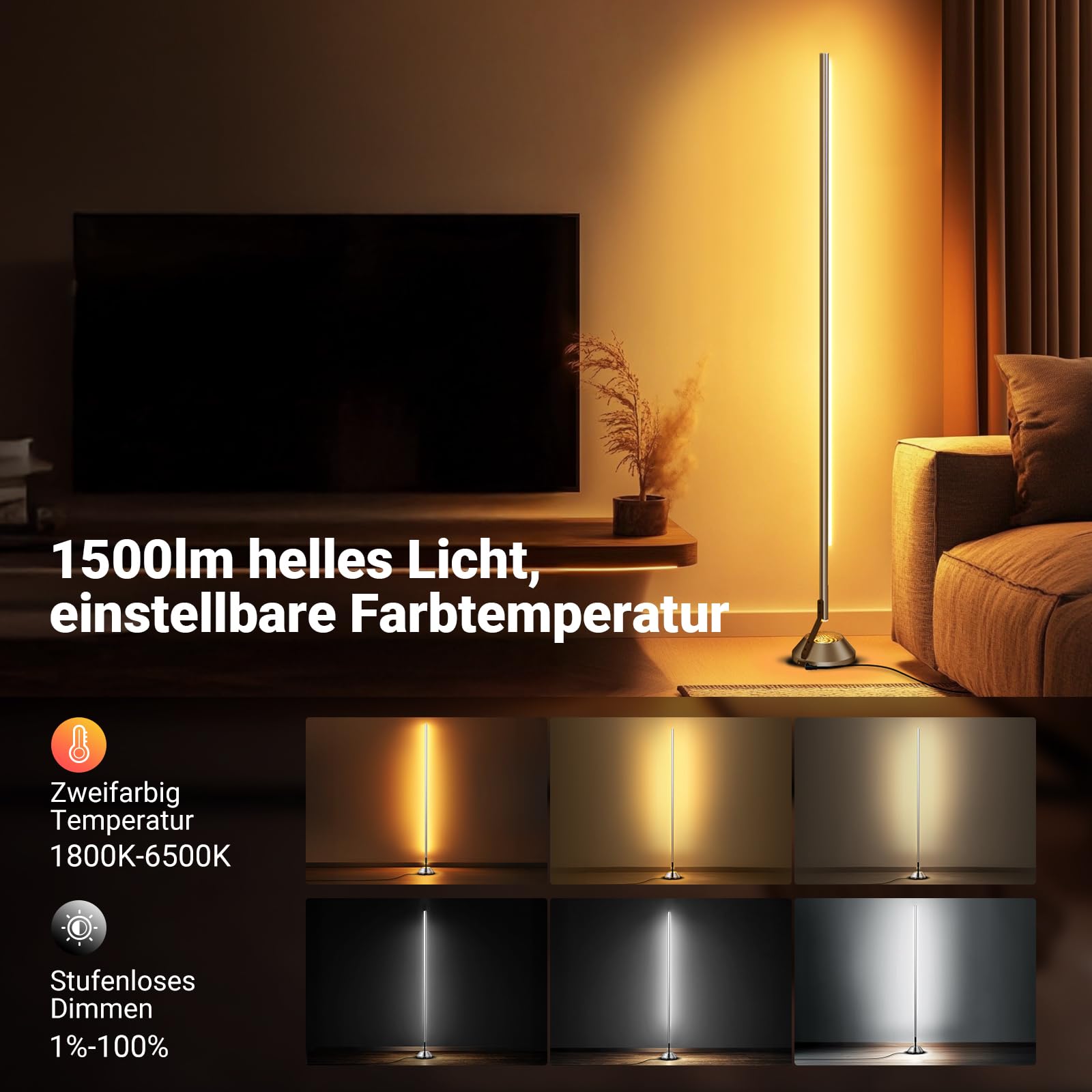 NEEWER Smart RGB IC W Stehlampe, 1500lm LED Eckleuchte kompatibel mit Alexa Google, APP Steuerung/AI DIY/Musiksynchronisation/16 Millionen Farben, Licht für Wohnzimmer Schlafzimmer Dekor, NF01
