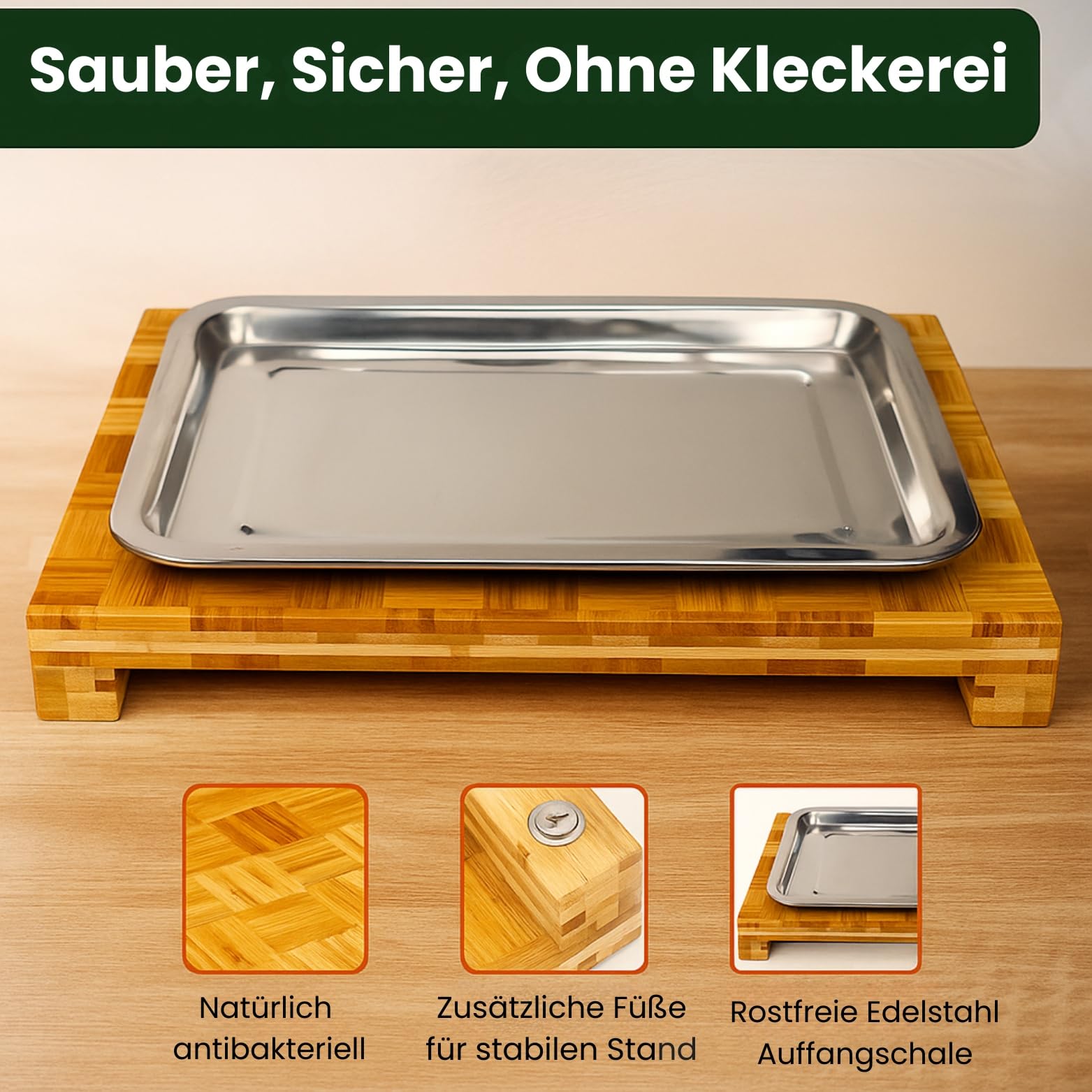 Schneidebrett Holz mit Auffangschale – Großes Premium Bambus Schneidbrett – Frankfurter Brett–(40x30x6cm) Holzbrett mit Auffangschale aus Edelstahl-Einweihungsgeschenk Haus/Wohnung