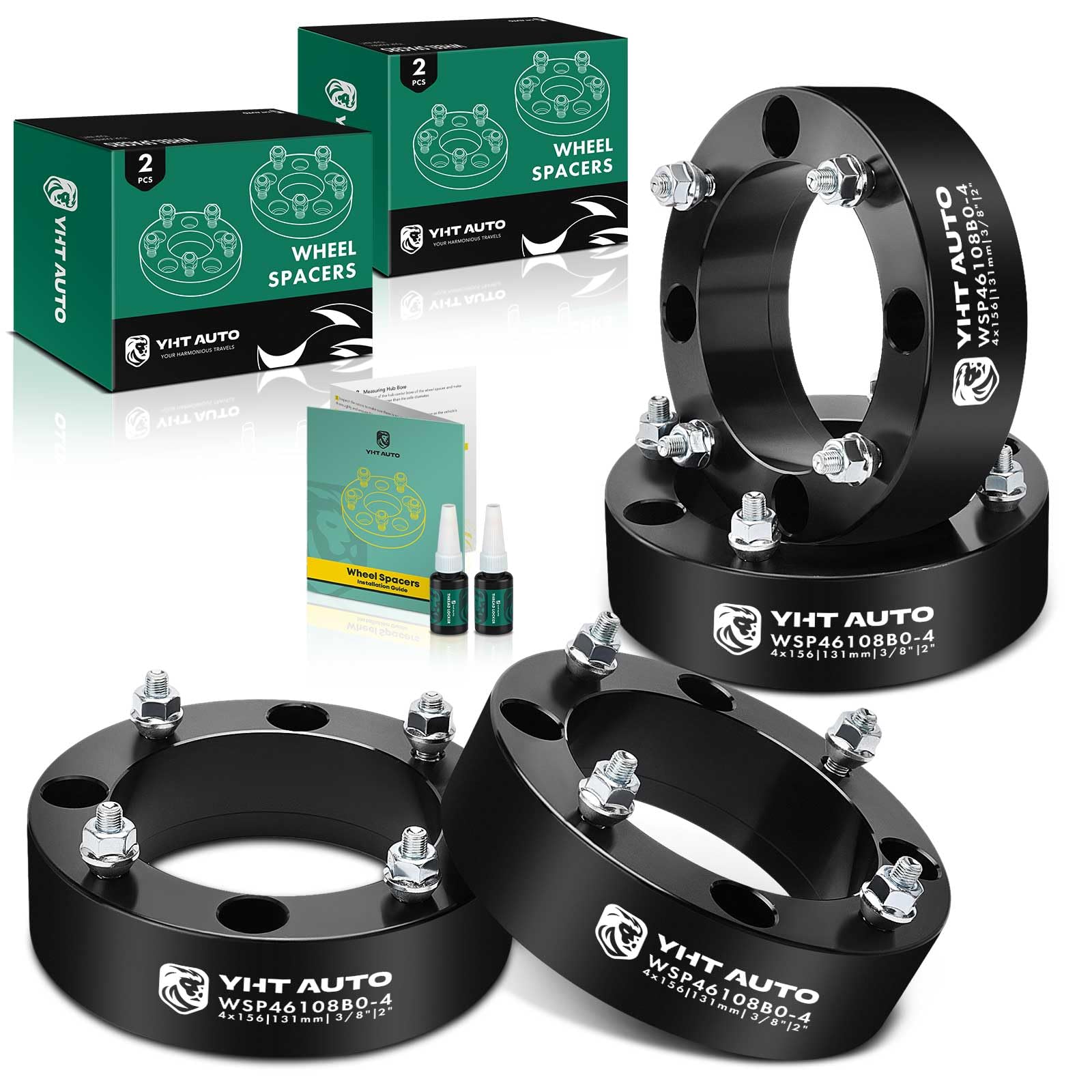 YHTAUTO 4x156mm Wheel Spacers 2 inch Fits Kawasaki & Polaris Model, Ranger, Sportsman, RZR, Lakota 300, Mojave 250, Tecate 4 4 Lug Tire Spacers w/ M12x1.5 & 12.9 Grade Studs, 131mm Hub Bore 4PCS Black