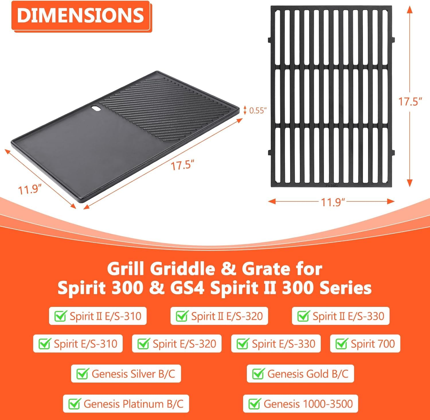 QuliMetal Pieza de repuesto para parrilla de 17.5 pulgadas para parrillas Weber Spirit 300 y GS4 Spirit II 300, Genesis Silver/Gold B & C, Genesis 1000-3500, placa de parrilla reversible de hierro