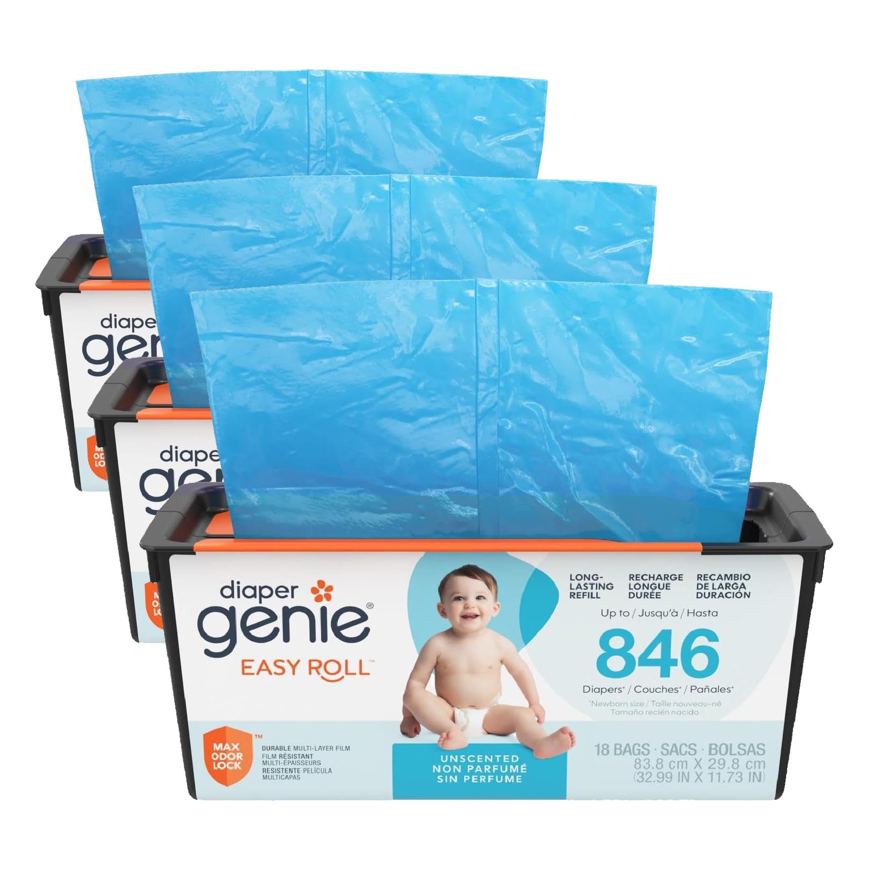 Diaper Genie Easy Roll Refill | 18 Bags Per Refill | Holds Up to 846 Newborn Diapers, Odor Control, DiaperPail RefillBags,Fits Diaper Genie Signature &amp; Platinum Pails, Packaging may vary (Pack of 3)