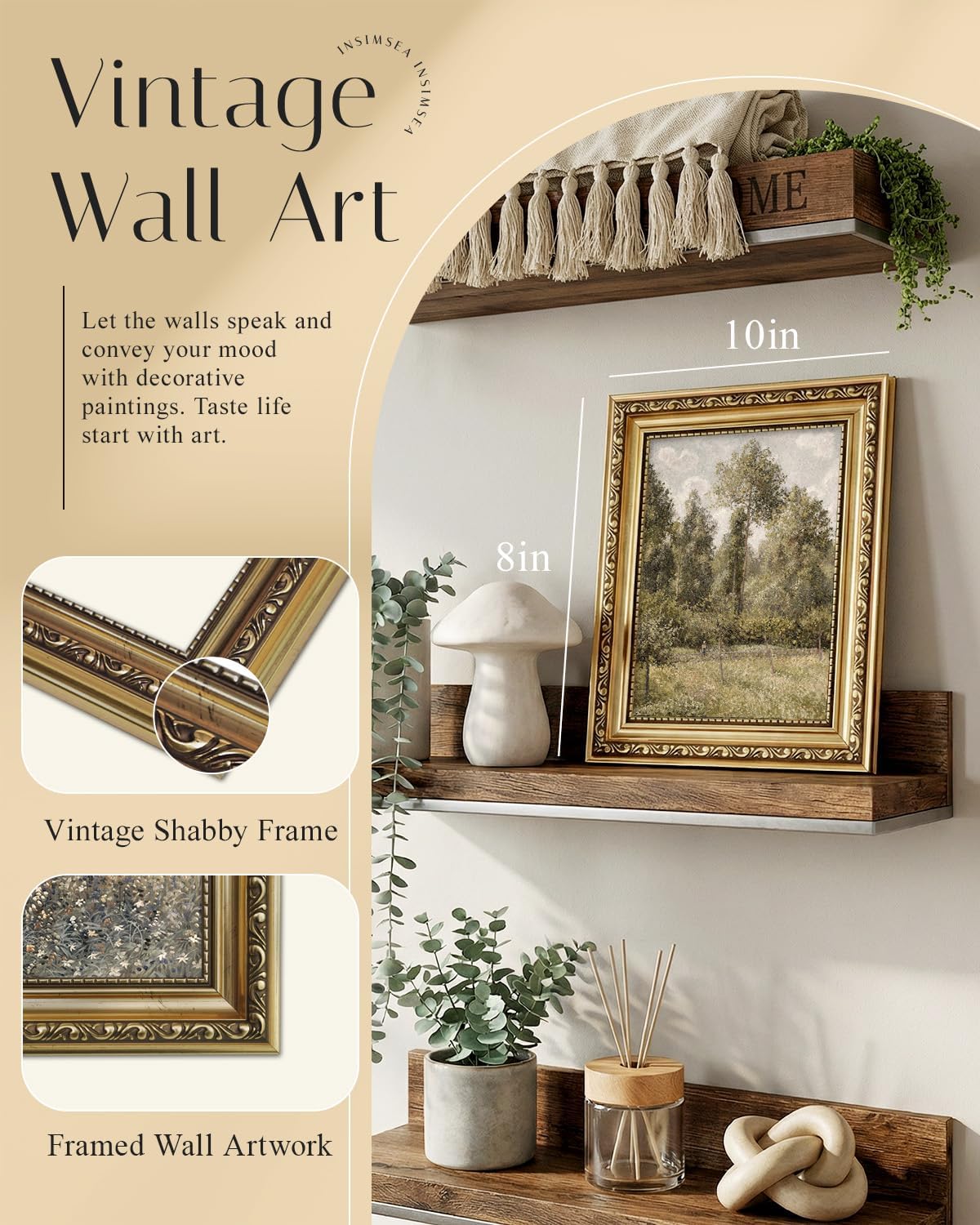 InSimSea Retro Gold Framed Wall Art, Home Room Poplars Vintage Wall Decor, Canvas Print Artwork, Farmhouse Country Decor, Antique Picture Frame Landscape Paintings, 8x10 Inch