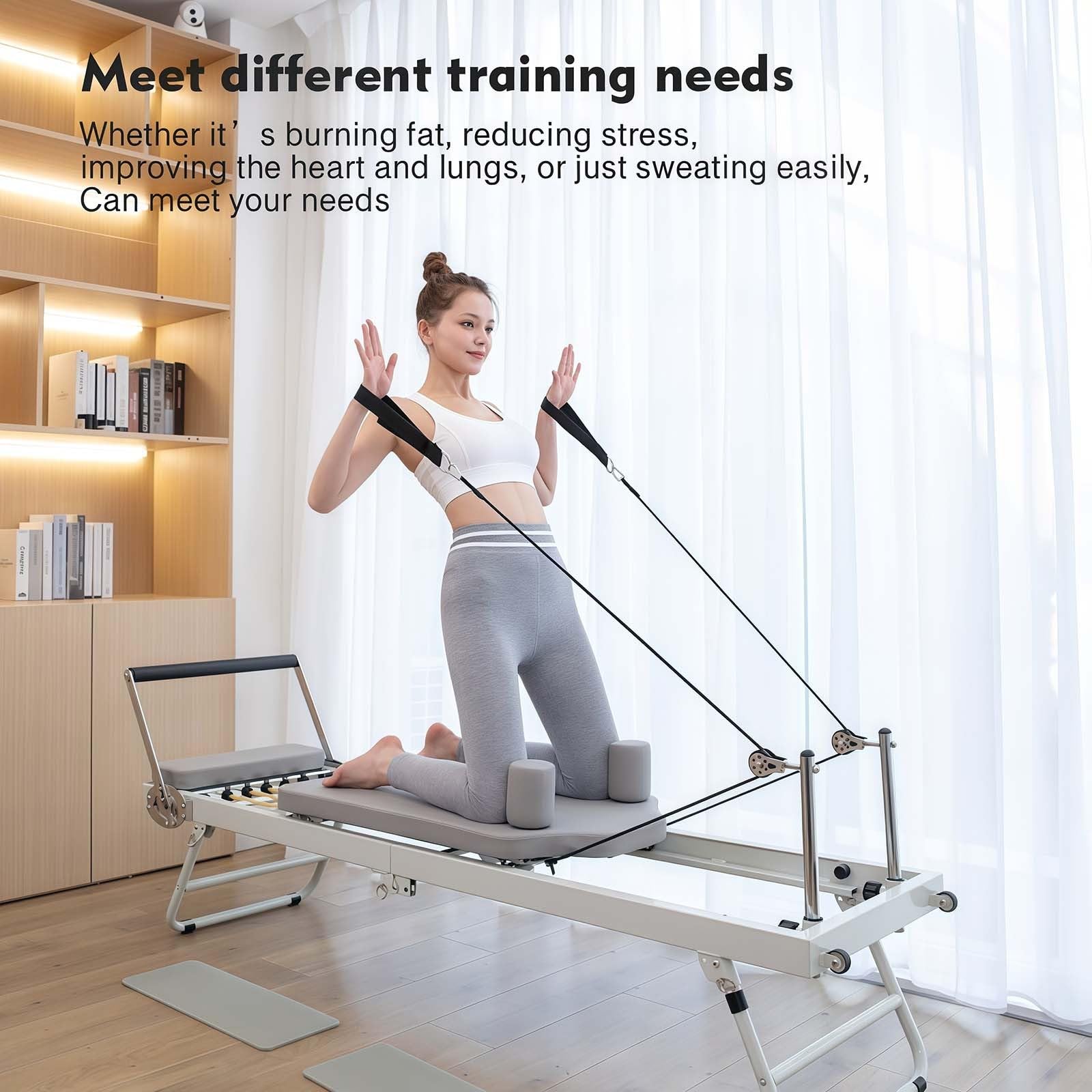Pilates Reformer, składany sprzęt do ćwiczeń domowych, wielofunkcyjny trening siłowy, nośność do 136 kg