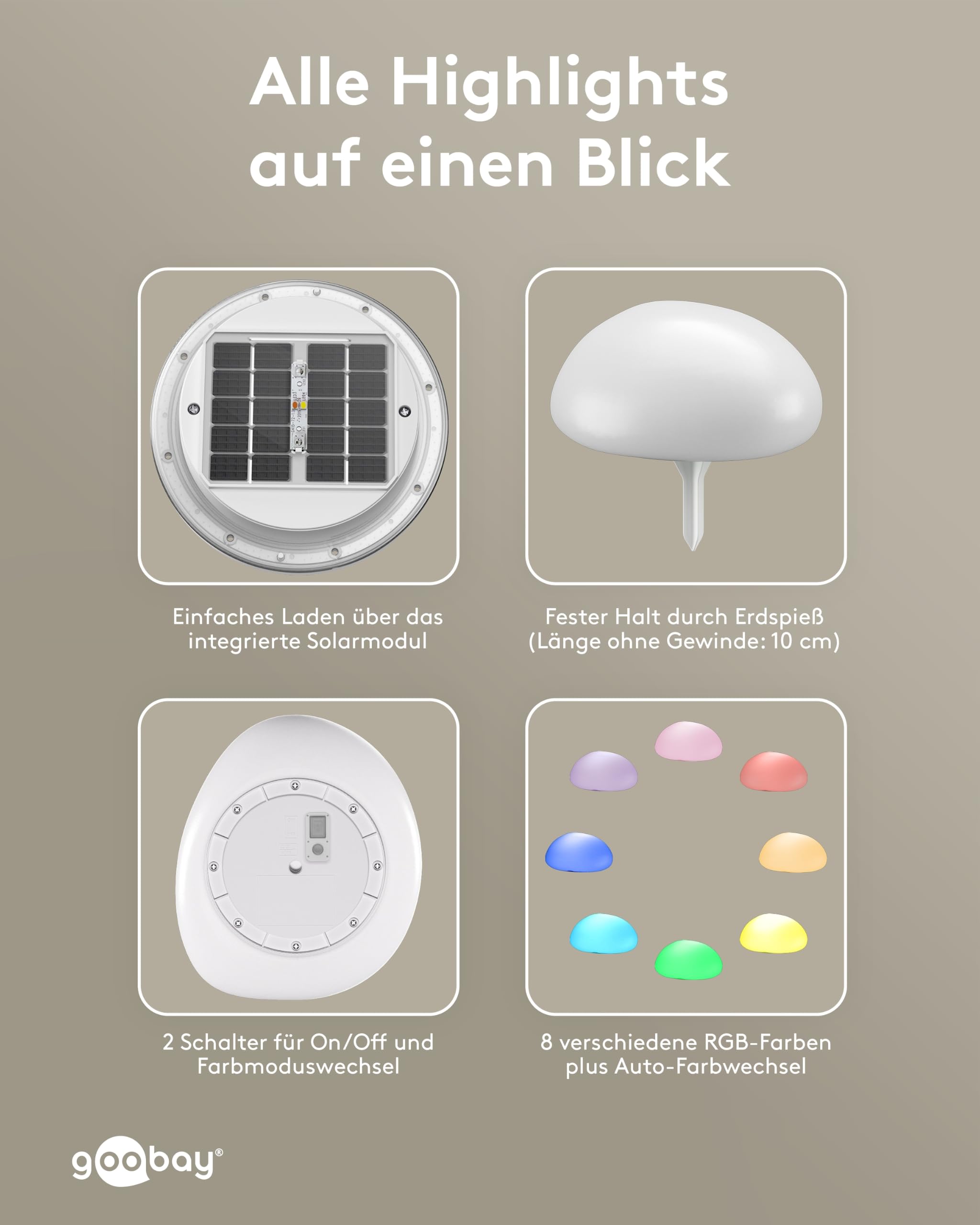 goobay Zestaw kamieni solarnych LED 24 cm, kula świetlna RGB do użytku na zewnątrz, IP44, odporna na warunki atmosferyczne, lampa solarna lampa dekoracyjna na taras, balkon, do ogrodu, nastrojowe