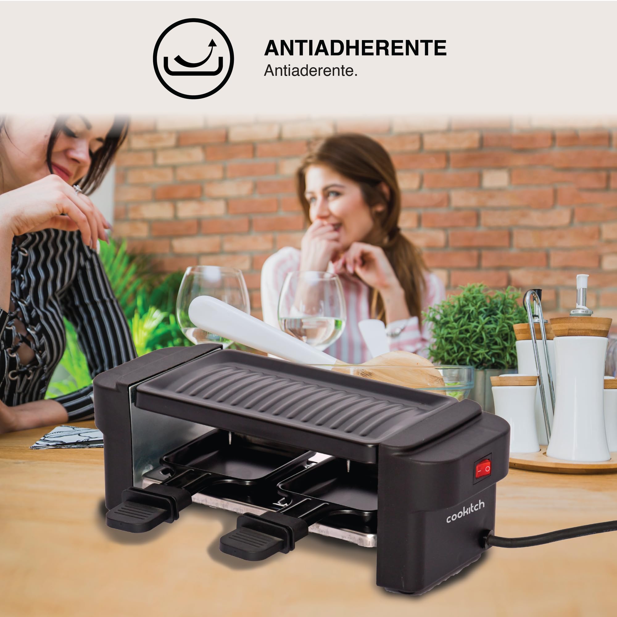 Raclette Eléctrica para 2 Personas – 400W, Placa de Hierro Fundido Extraíble, Superficie Antiadherente, Voltaje 220–240V, 2 Sartenes, Ideal para Parrilladas Saludables