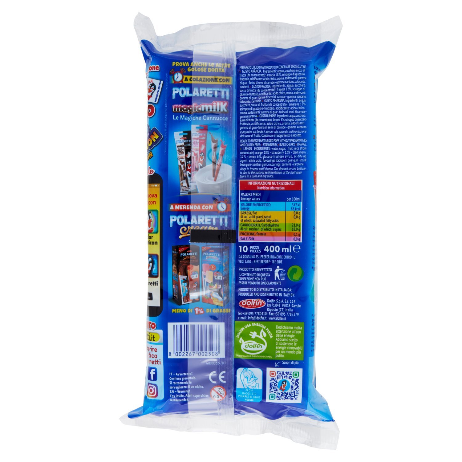 Dolfin - Polaretti Fruit, Ghiaccioli Pronti da Congelare, Senza Glutine e Conservanti, ai Gusti di Frutta - 8 confezioni da 400 ml [3200 ml]